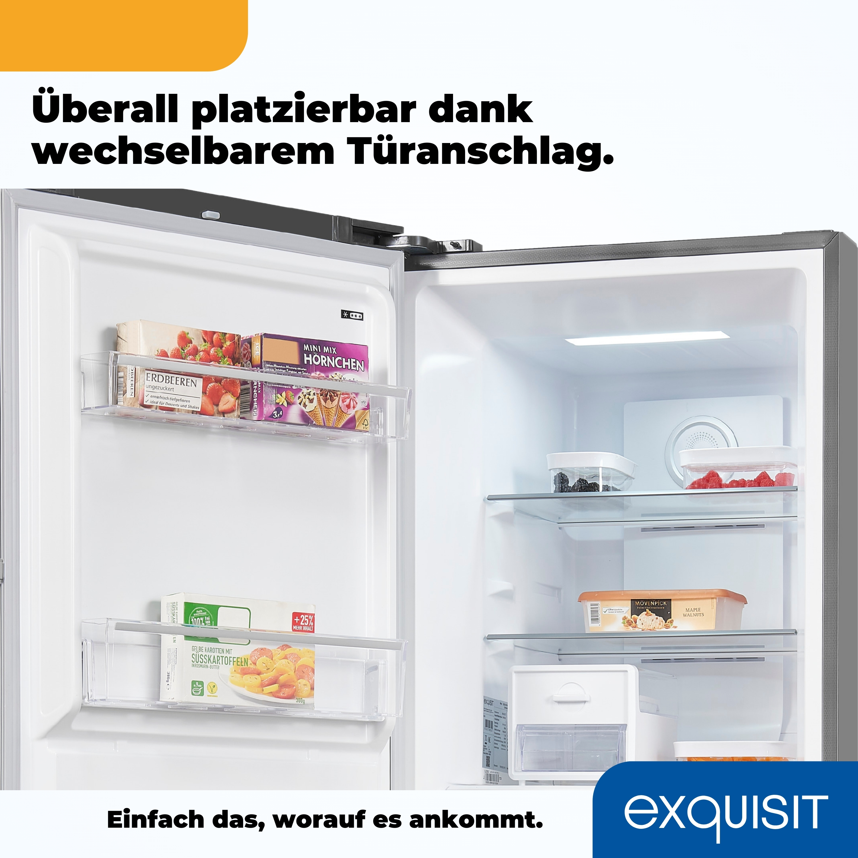 Ein Kühlschrank mit offener Tür, der Lebensmittel enthält.