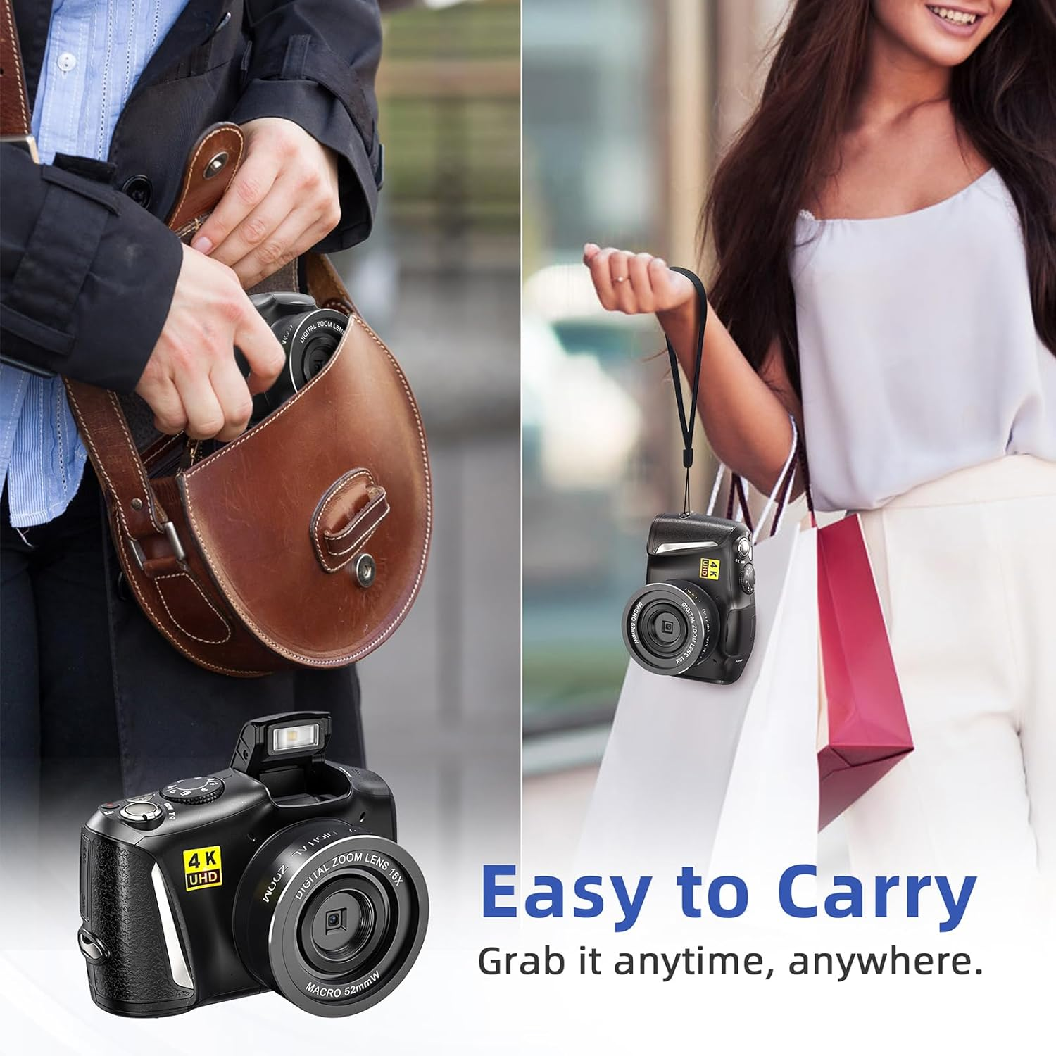 Personen halten Kameras, eine in einer Tasche, eine in der Hand.