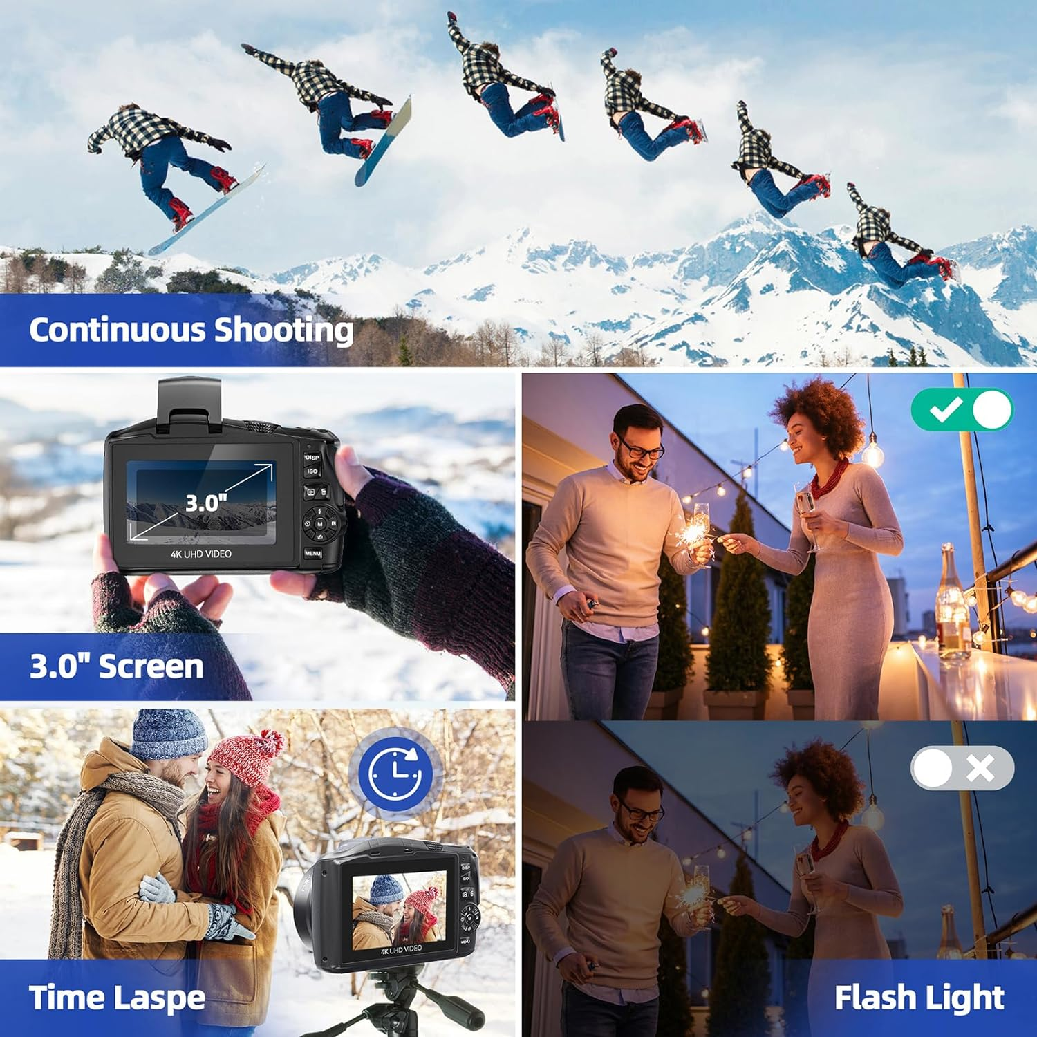 Collage einer Kamera, Menschen und Schnee. Ein Snowboarder ist im oberen Teil.