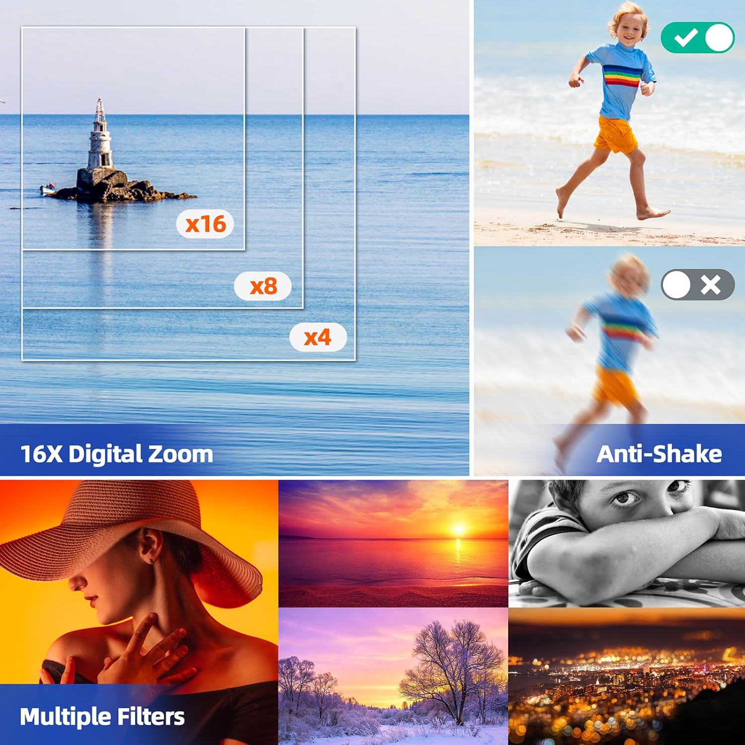 Mehrere Bilder, die digitalen Zoom, Anti-Verwacklungs-Funktion und mehrere Filter mit Landschaft zeigen.