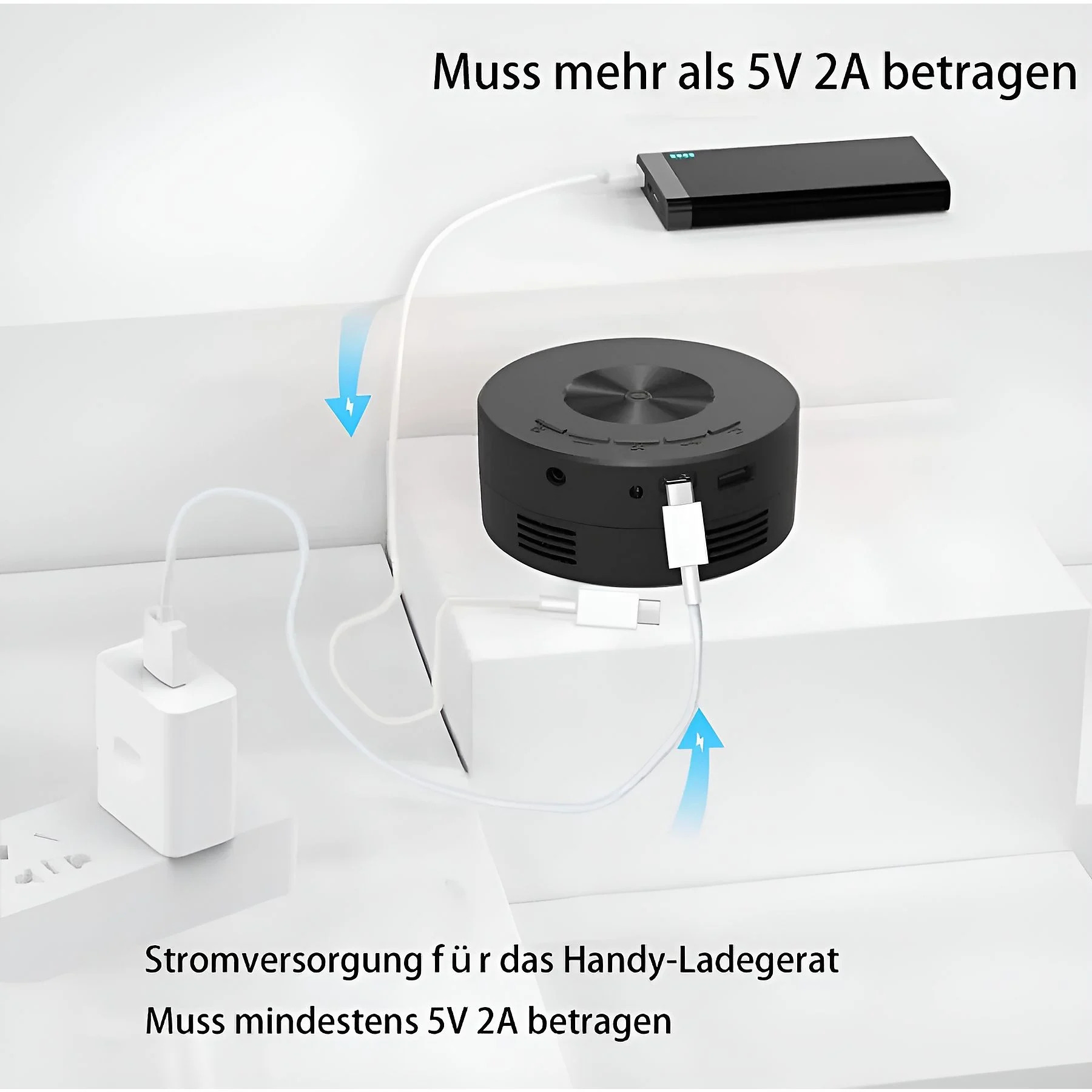 Verschiedene elektronische Geräte mit weißen Kabeln, Text besagt, dass die Stromversorgung 5V 2A betragen muss.