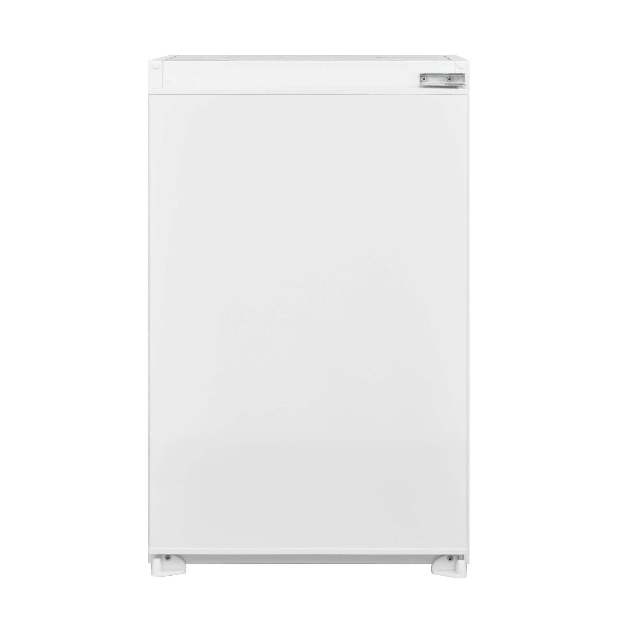 Un réfrigérateur blanc avec un fond noir et un sol blanc.