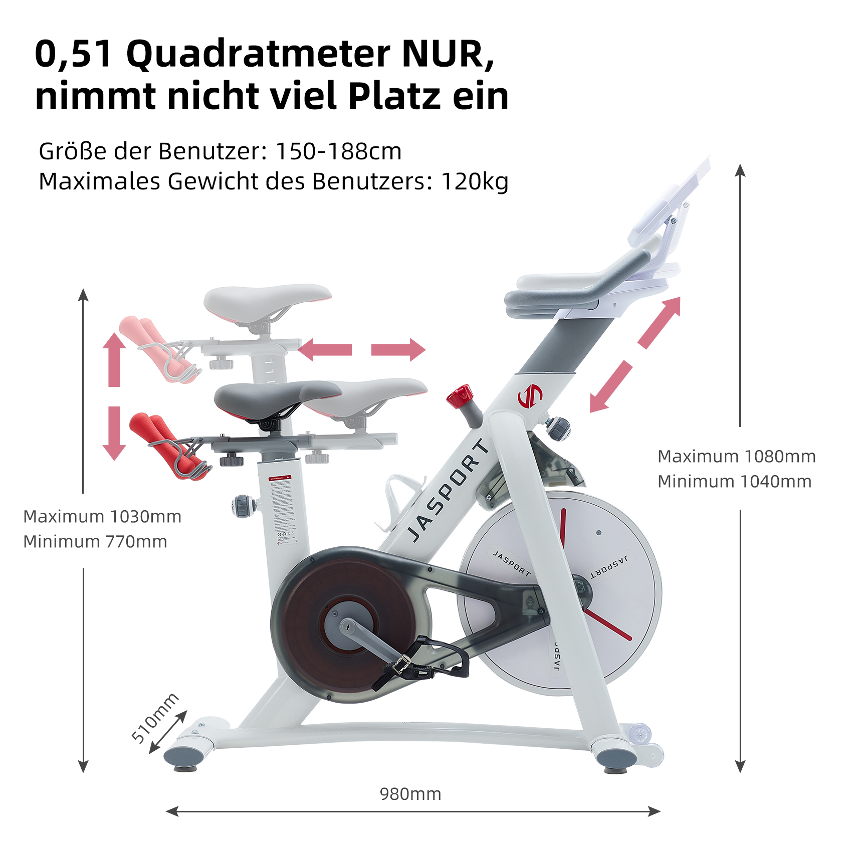 Weißes Fitnessrad mit Maßen. Pfeile zeigen Einstellungen und Abmessungen in mm.