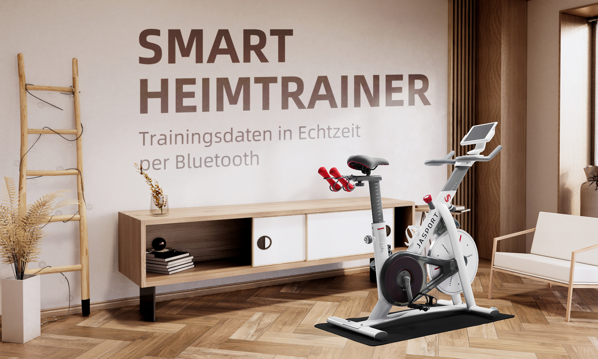 Ein Raum mit einem Smart-Heimtrainer und einem Schrank. Der Text an der Wand lautet 'SMART HEIMTRAINER'.