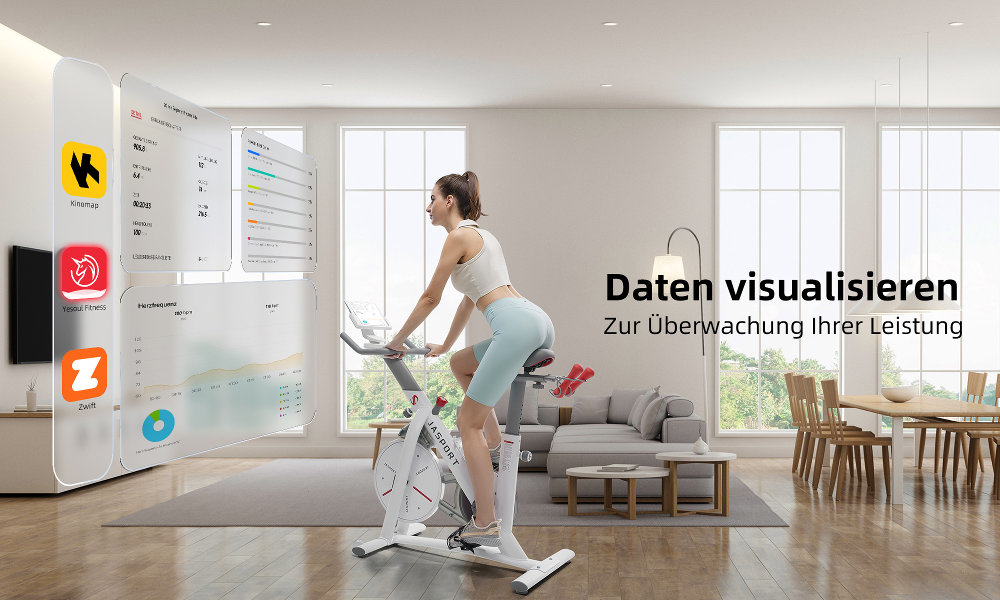 Eine Frau trainiert auf einem Smart-Heimtrainer. Daten werden auf Bildschirmen im Hintergrund angezeigt.