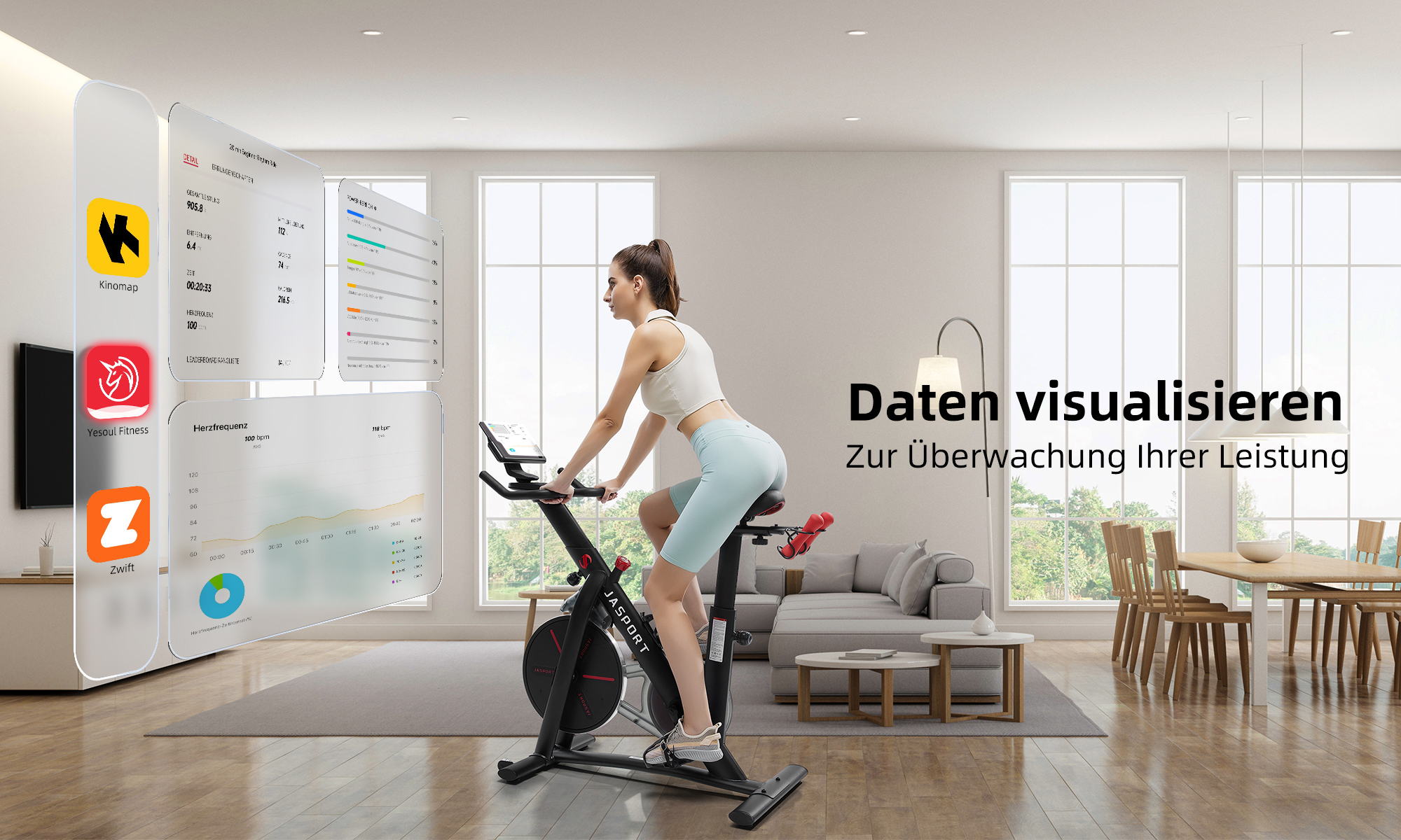 Eine Frau trainiert auf einem Smart-Heimtrainer. Daten werden auf Bildschirmen im Hintergrund angezeigt.
