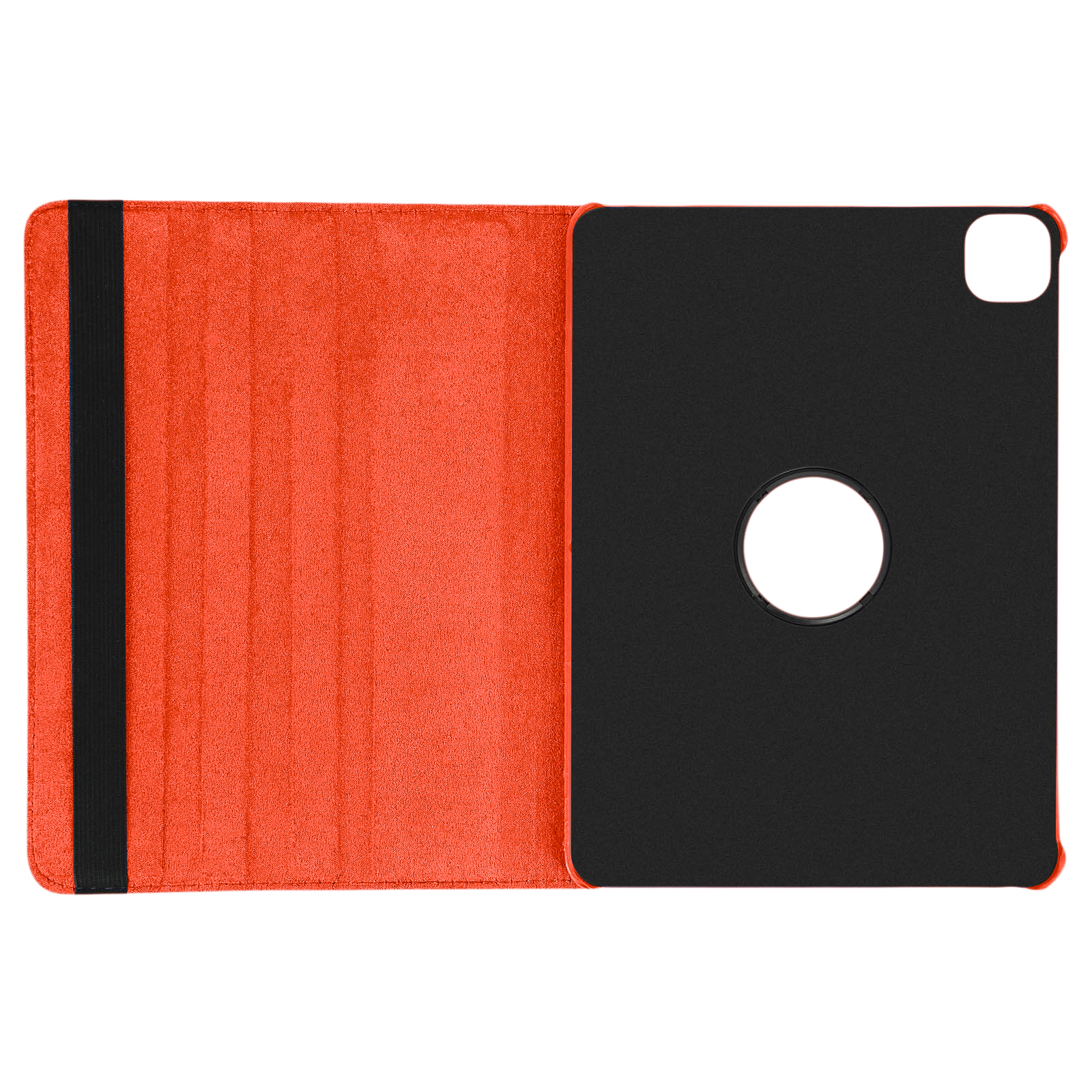 Custodia per tablet rossa e nera aperta con un ritaglio circolare.