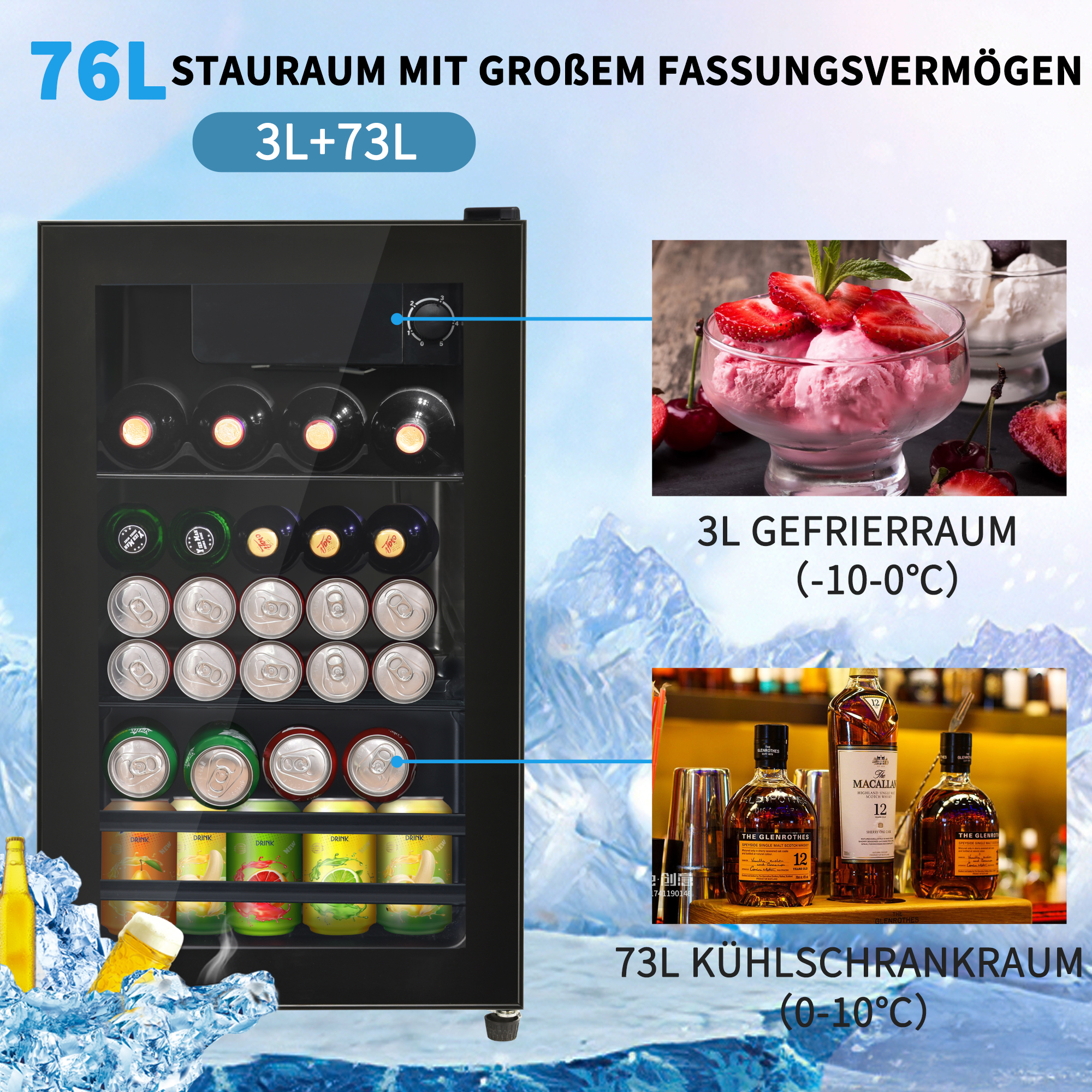 Ein schwarzer Kühlschrank mit ausgestellten Lebensmitteln und Etiketten.