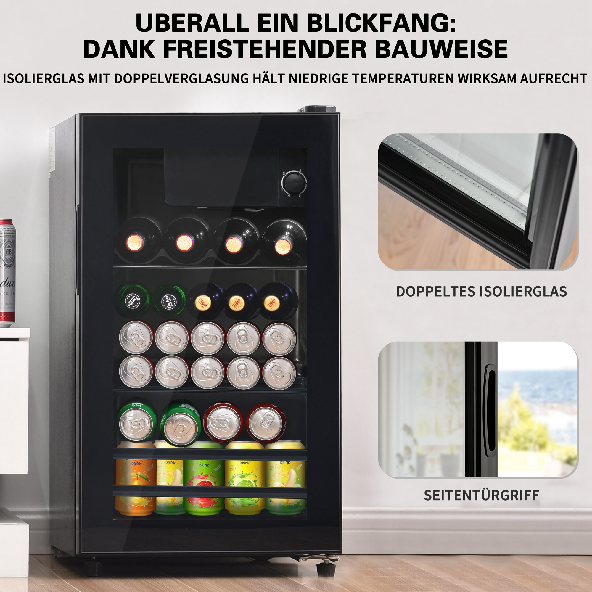 Schwarzer Minikühlschrank mit Glastür, enthaltend Flaschen und Dosen. Text auf Deutsch.