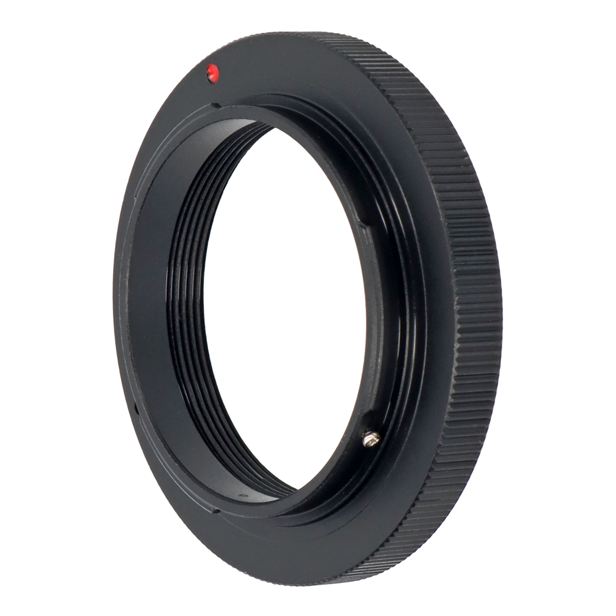 Ein schwarzer Objektivadapterring mit Gewinde auf einer Seite und einem roten Punkt.