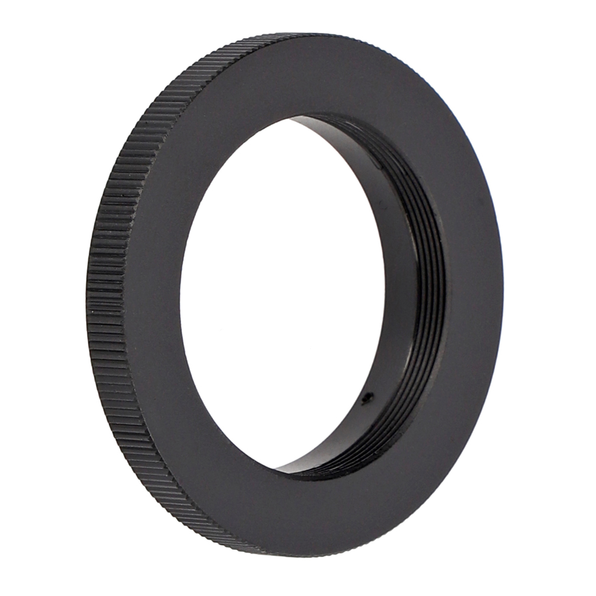 Ein schwarzer Ring mit strukturierter Außenkante. Der Ring wird in der Fotografie verwendet, um Objektive anzubringen.