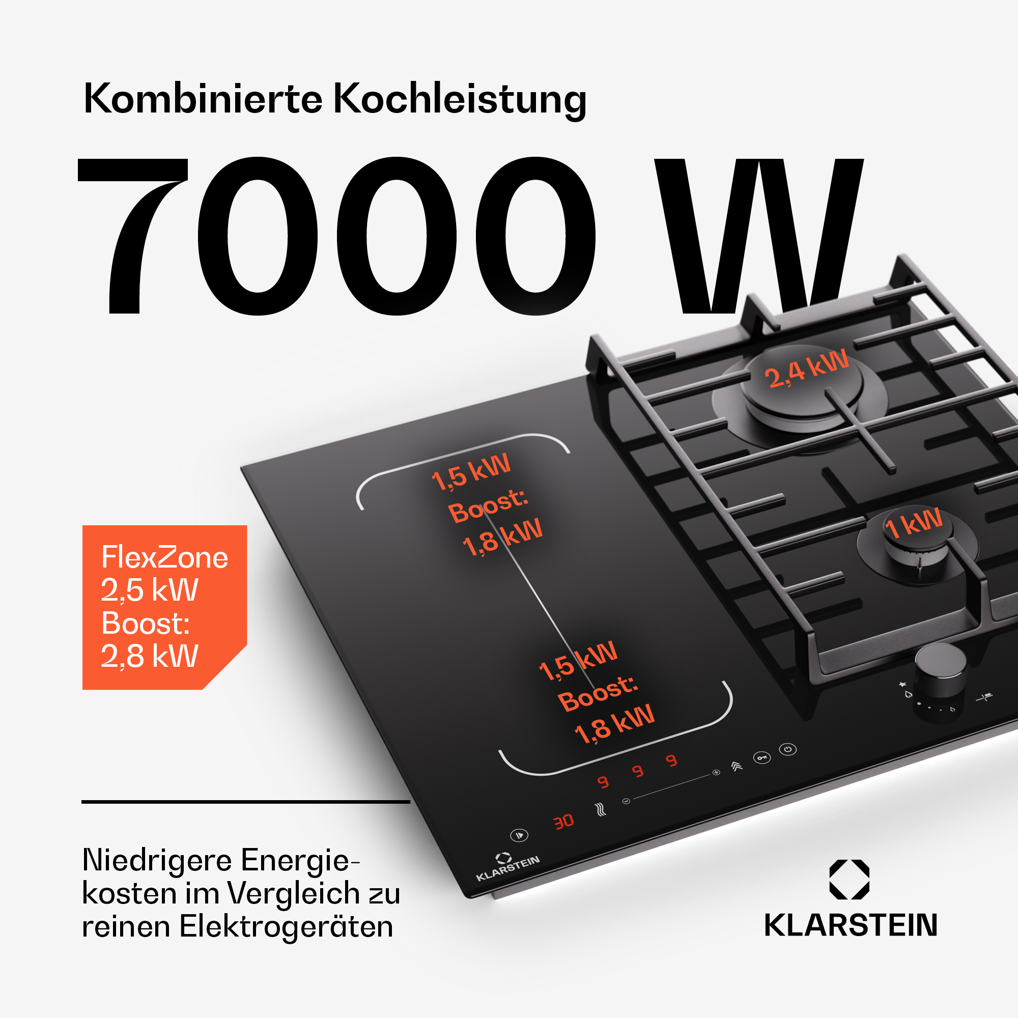 Schwarzes Kochfeld mit FlexZone-Details, 7000W Gesamtleistung und Gasbrennern.