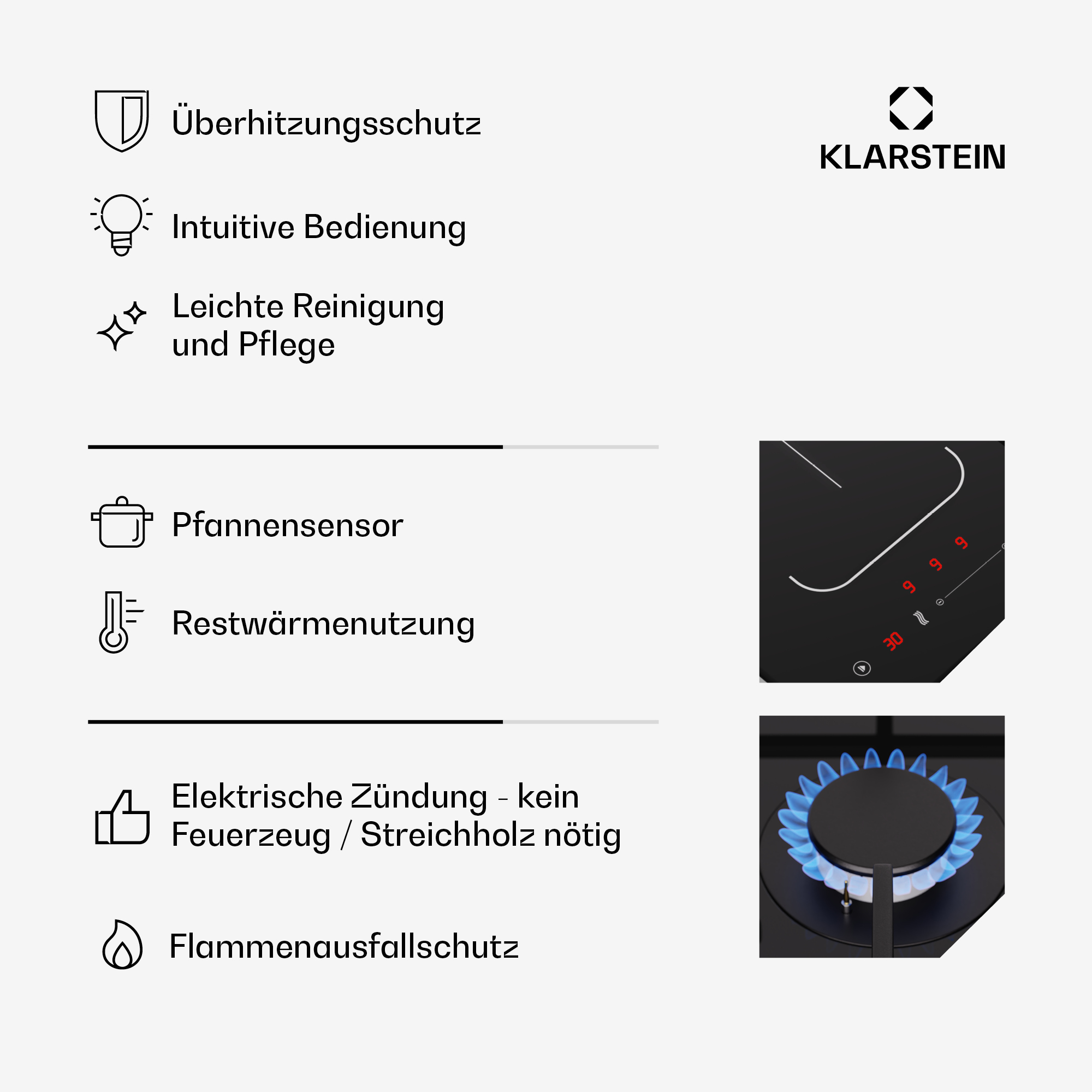 Nahaufnahme mit Symbolen für ein Küchengerät. Zu den Symbolen gehören Sicherheit, einfache Reinigung und ein Kochfeld.