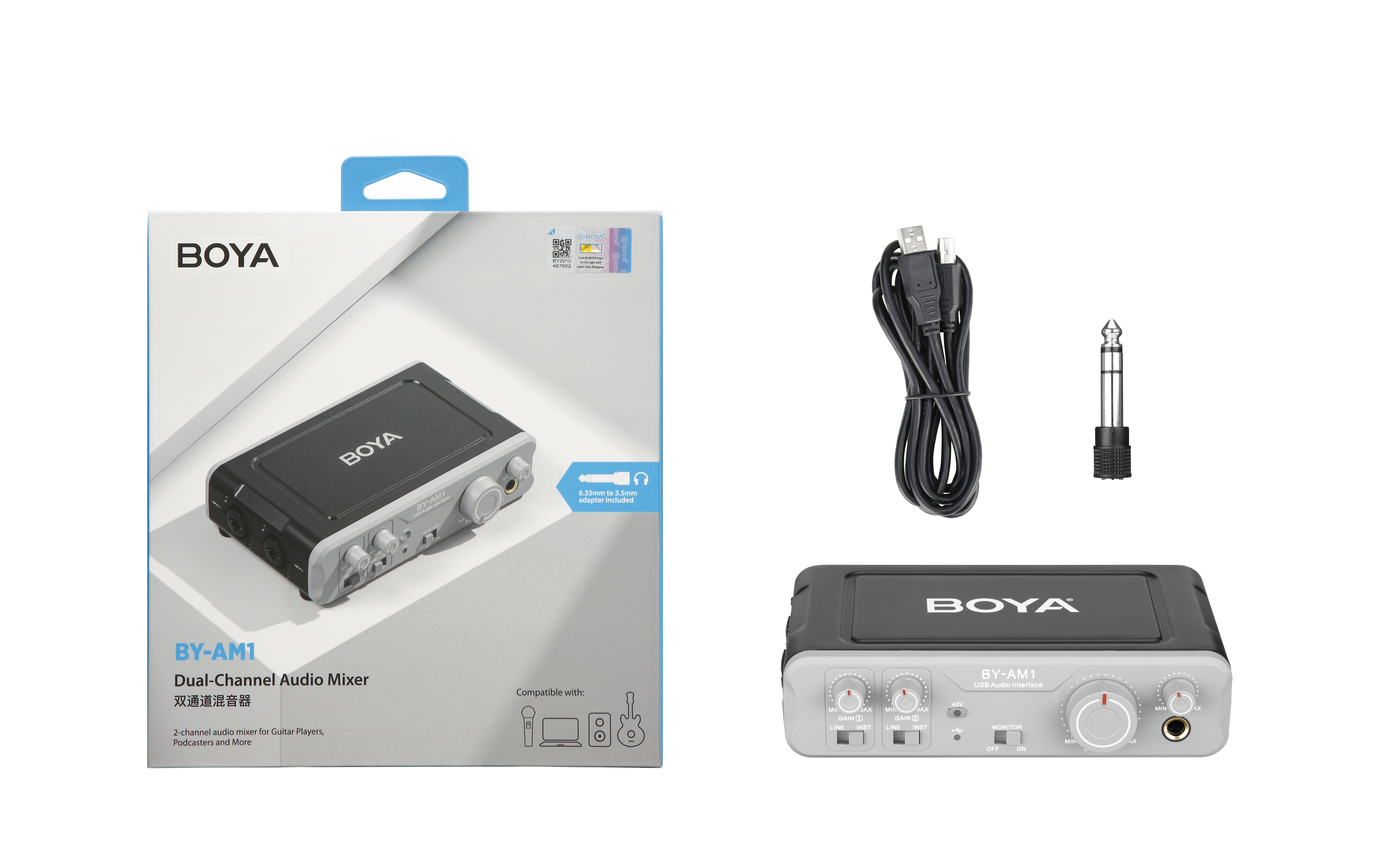 Una caja y mezclador BOYA Dual-Channel Audio Mixer, con cable USB y un adaptador de 3,5 mm a 6,35 mm.