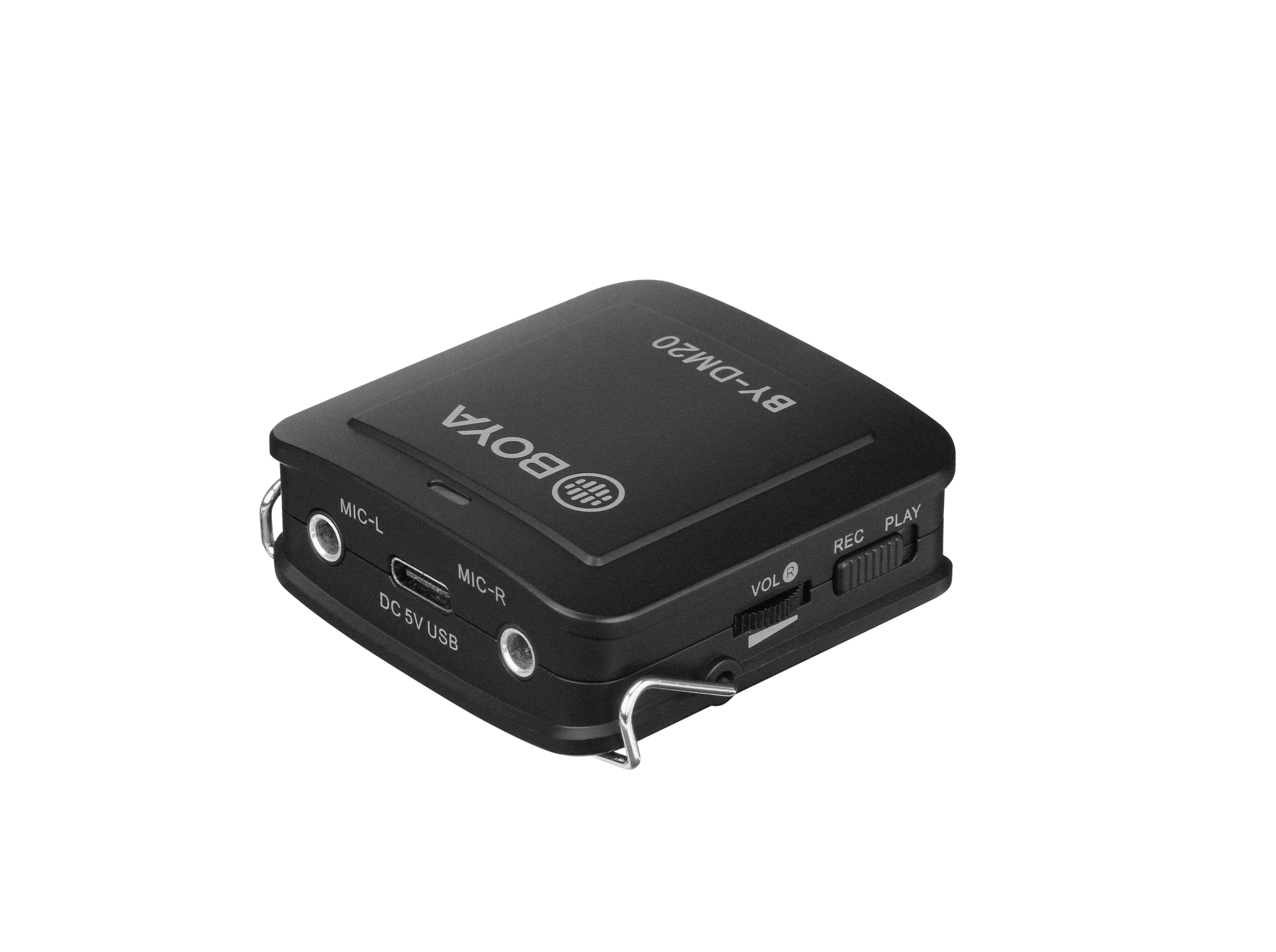 Grabadora de audio negra. Vista superior con puertos y botones etiquetados.