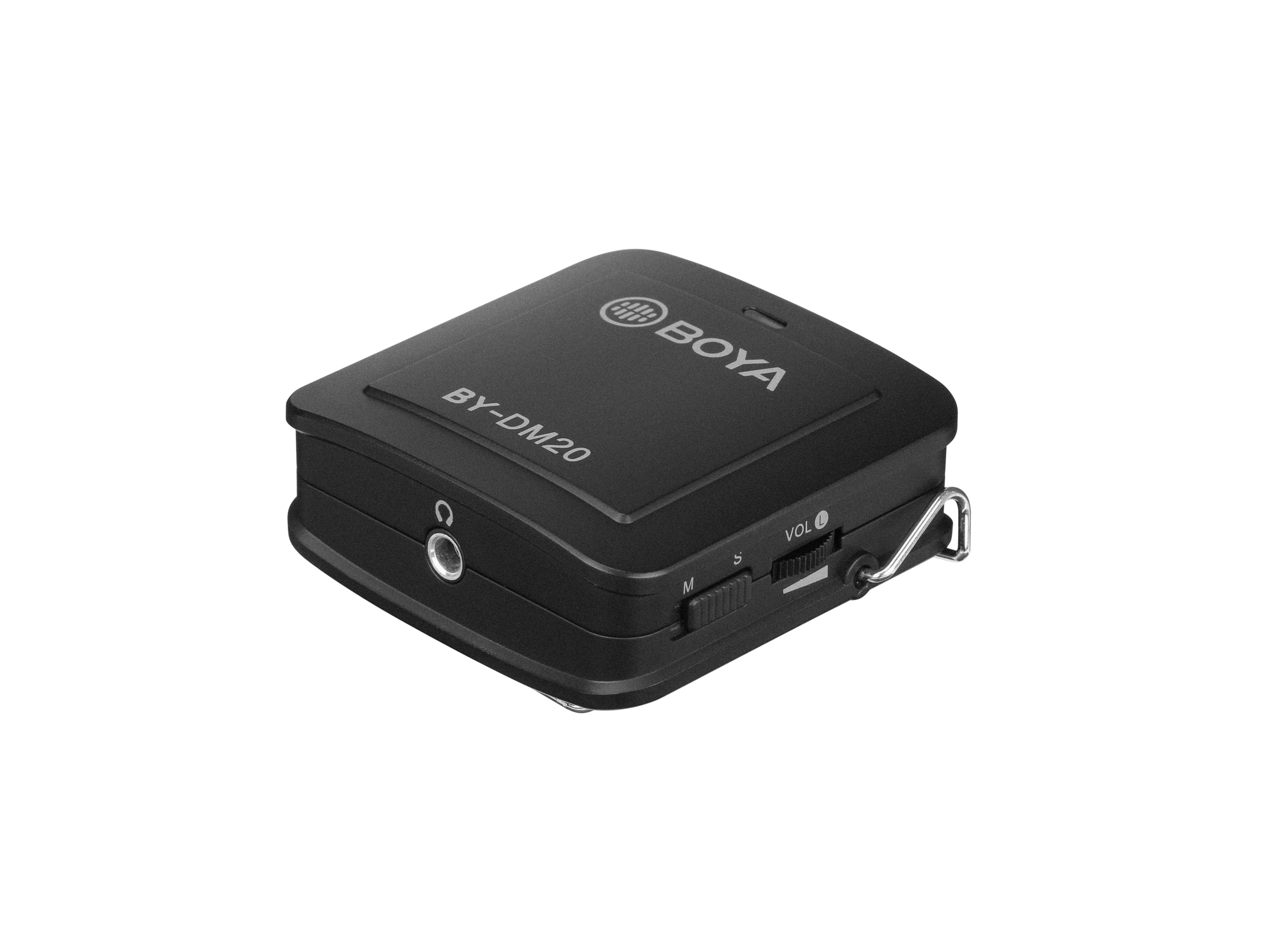 Micrófono BOYA BY-DM20 negro. Tiene un conector para auriculares, controles de volumen y un clip plateado.