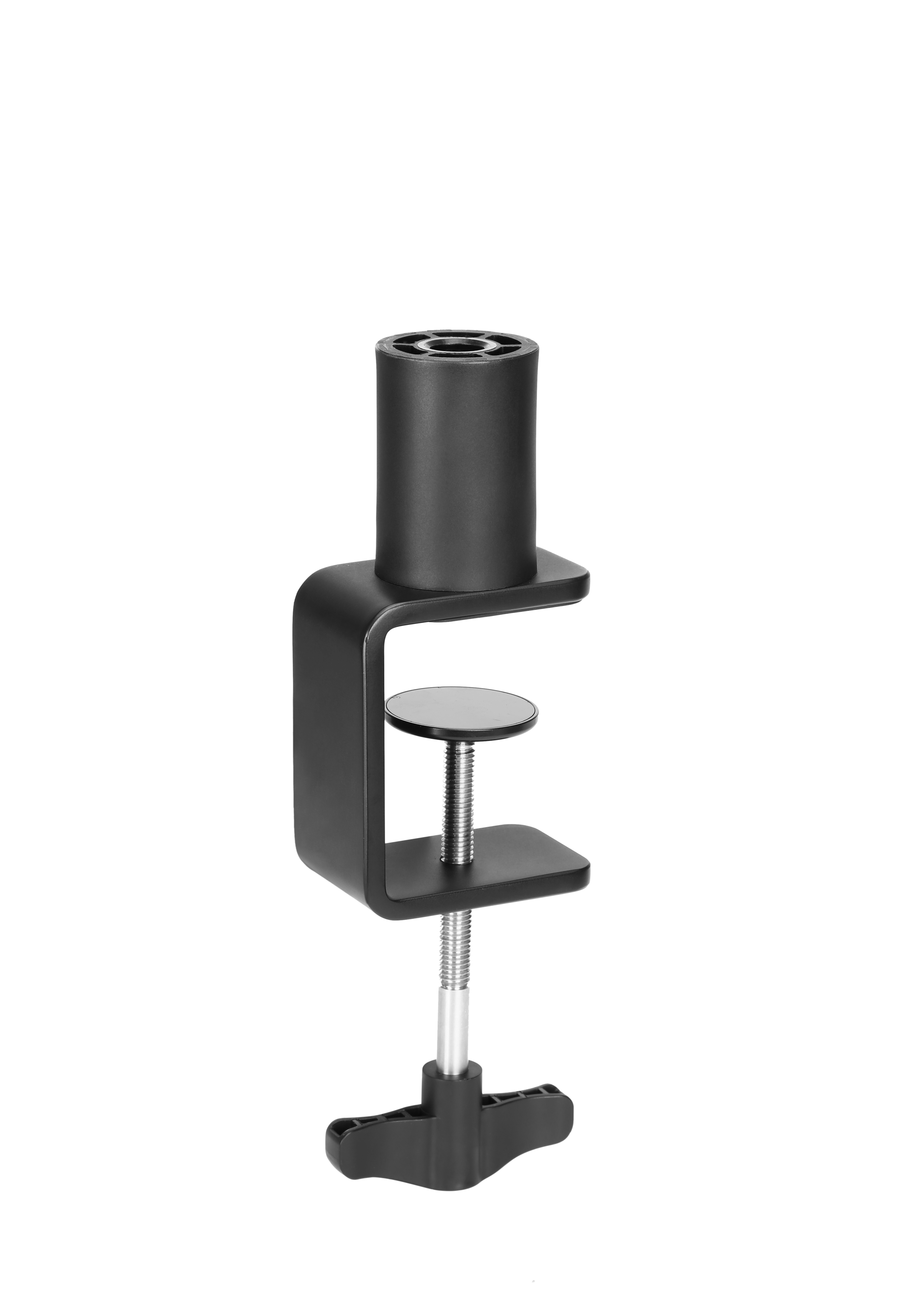 Abrazadera de mesa negra ajustable. Tiene una parte superior cilíndrica y una base en forma de tornillo.