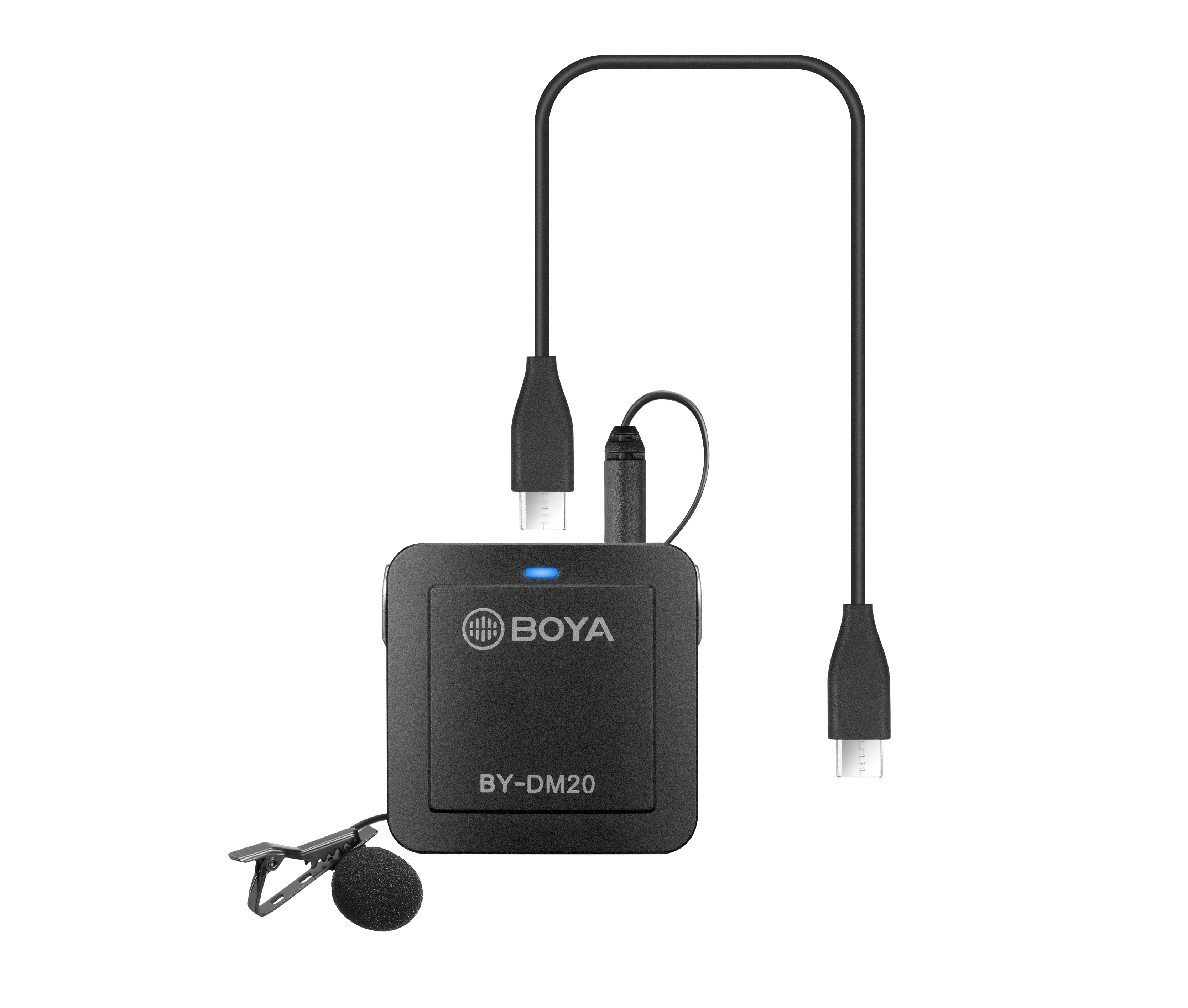 Micrófono Boya BY-DM20 negro con cable USB-C conectado. Un clip de micrófono está adjunto.