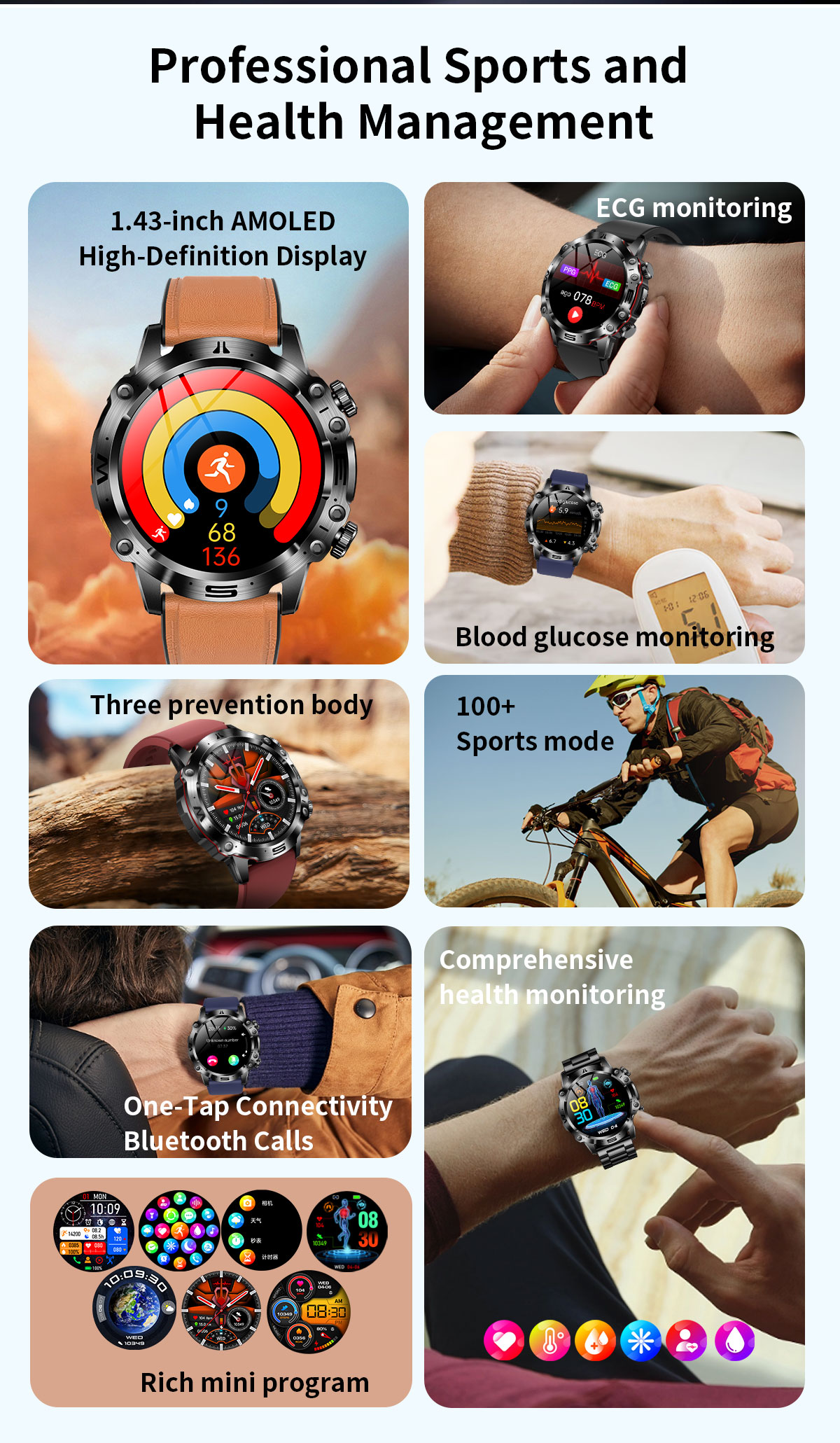Smartwatch mit Gesundheitsüberwachungsfunktionen, vielen Symbolen und Text. Weißer Hintergrund.