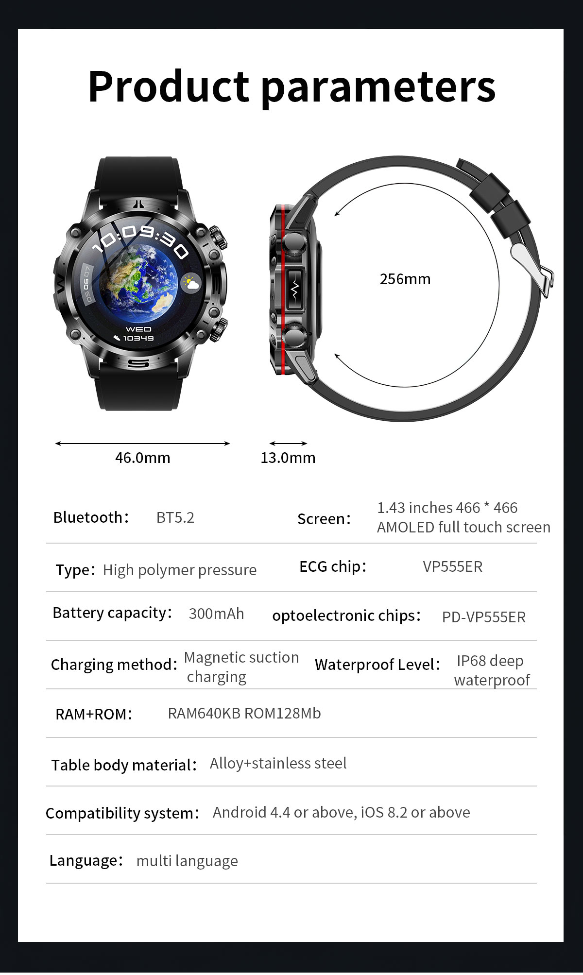 Eine Smartwatch mit Produktparametern und schwarzem Hintergrund. Zeigt Funktionen und Spezifikationen.
