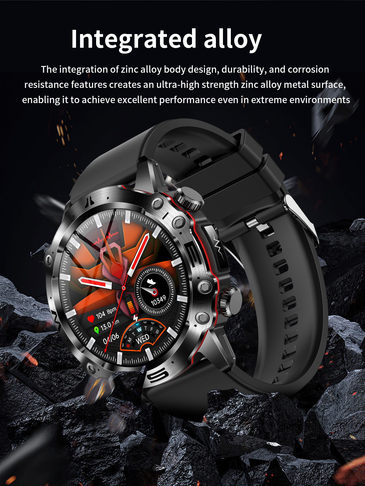 Smartwatch mit schwarzem Armband, buntes Interface. Nahaufnahme.