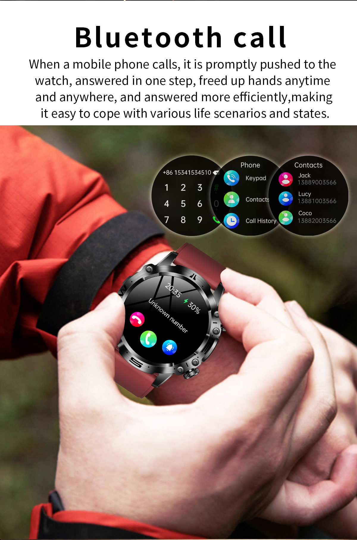 Eine Smartwatch am Handgelenk, die eine Telefonanrufschnittstelle und eine Kontaktliste zeigt.