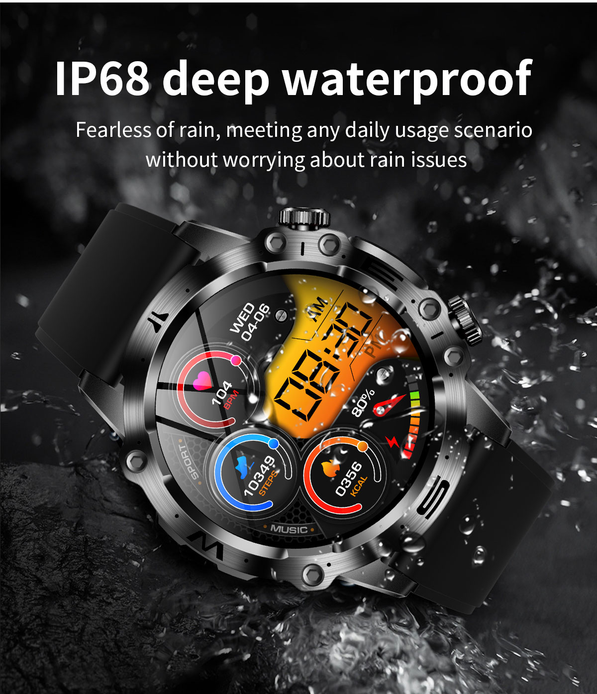 Eine schwarze Smartwatch mit digitaler Anzeige, die Zeit und Gesundheitsmetriken anzeigt. Wassertropfen sind sichtbar.