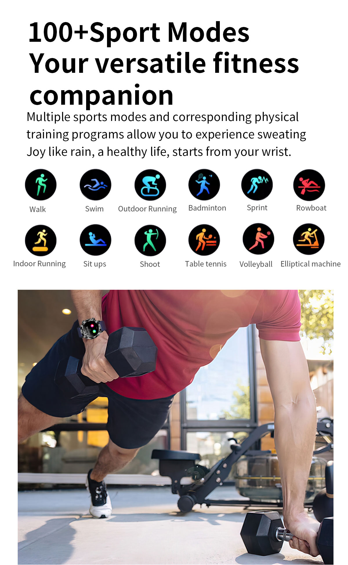 Fitness-Uhr mit 100+ Sportmodi und Mann, der Gewichte hebt.