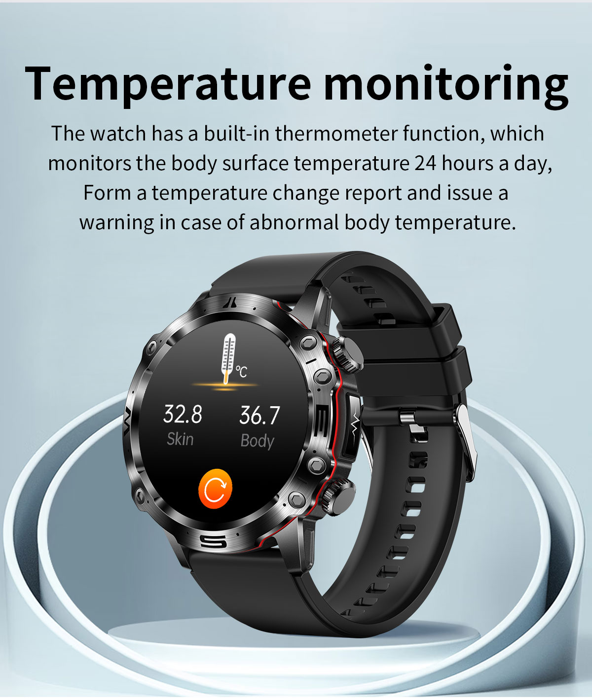 Smartwatch auf Ständer, zeigt Haut- und Körpertemperatur an. Schwarzes Armband, silberne Lünette. Text: Temperaturüberwachung.