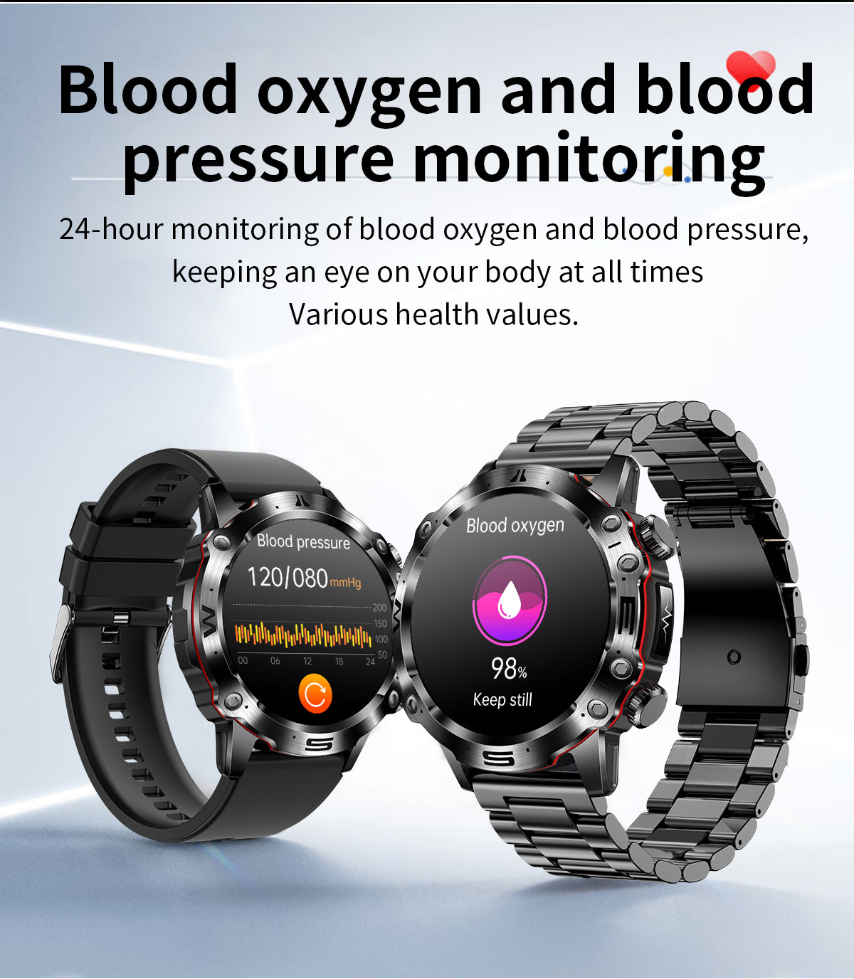Zwei Smartwatches auf weißer Oberfläche. Eine zeigt Blutdruck, die andere Sauerstoff.