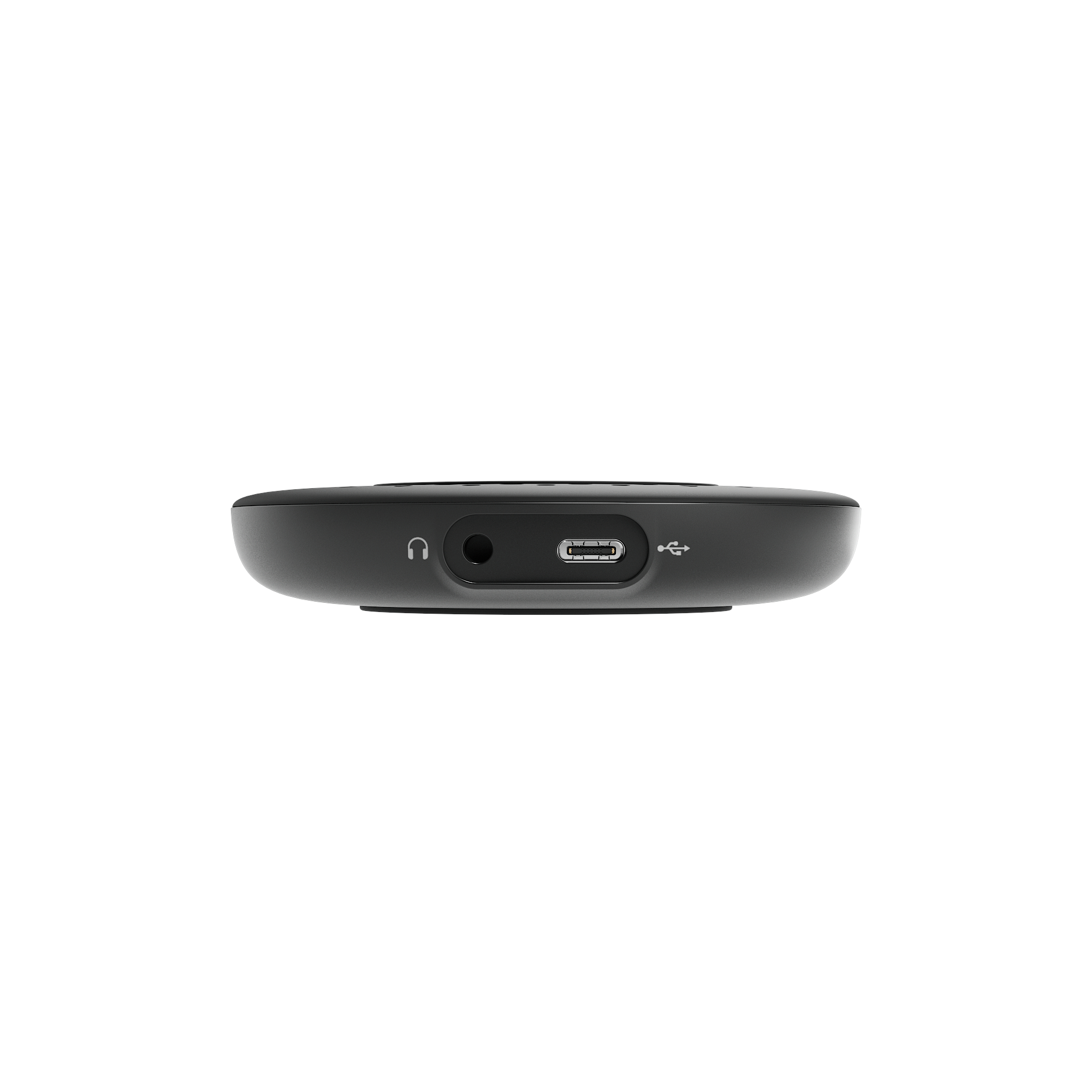 Un piccolo dispositivo nero arrotondato con porta per cuffie e USB, isolato su bianco.
