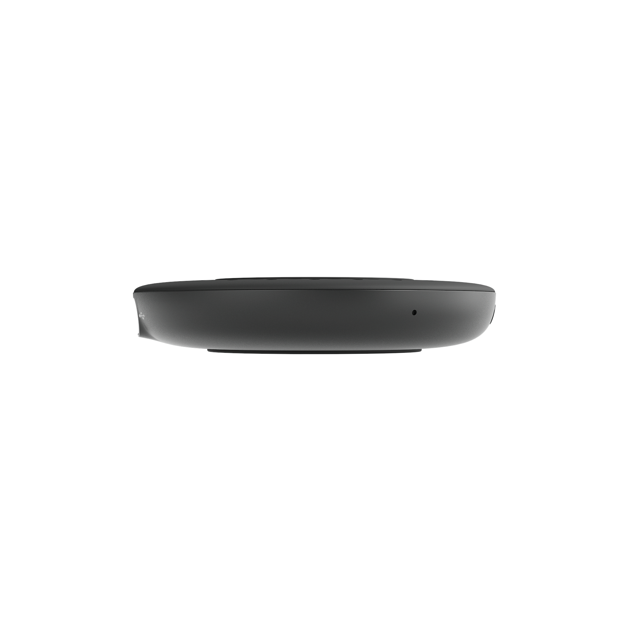 Un piccolo caricatore wireless nero e circolare su sfondo bianco.