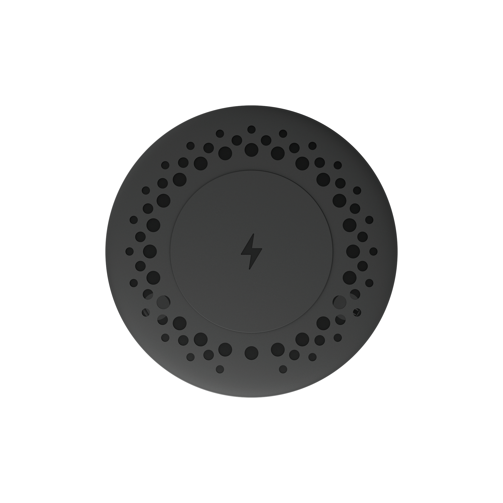 Un caricabatterie wireless nero e rotondo con piccoli fori sul bordo e un simbolo a forma di fulmine al centro.