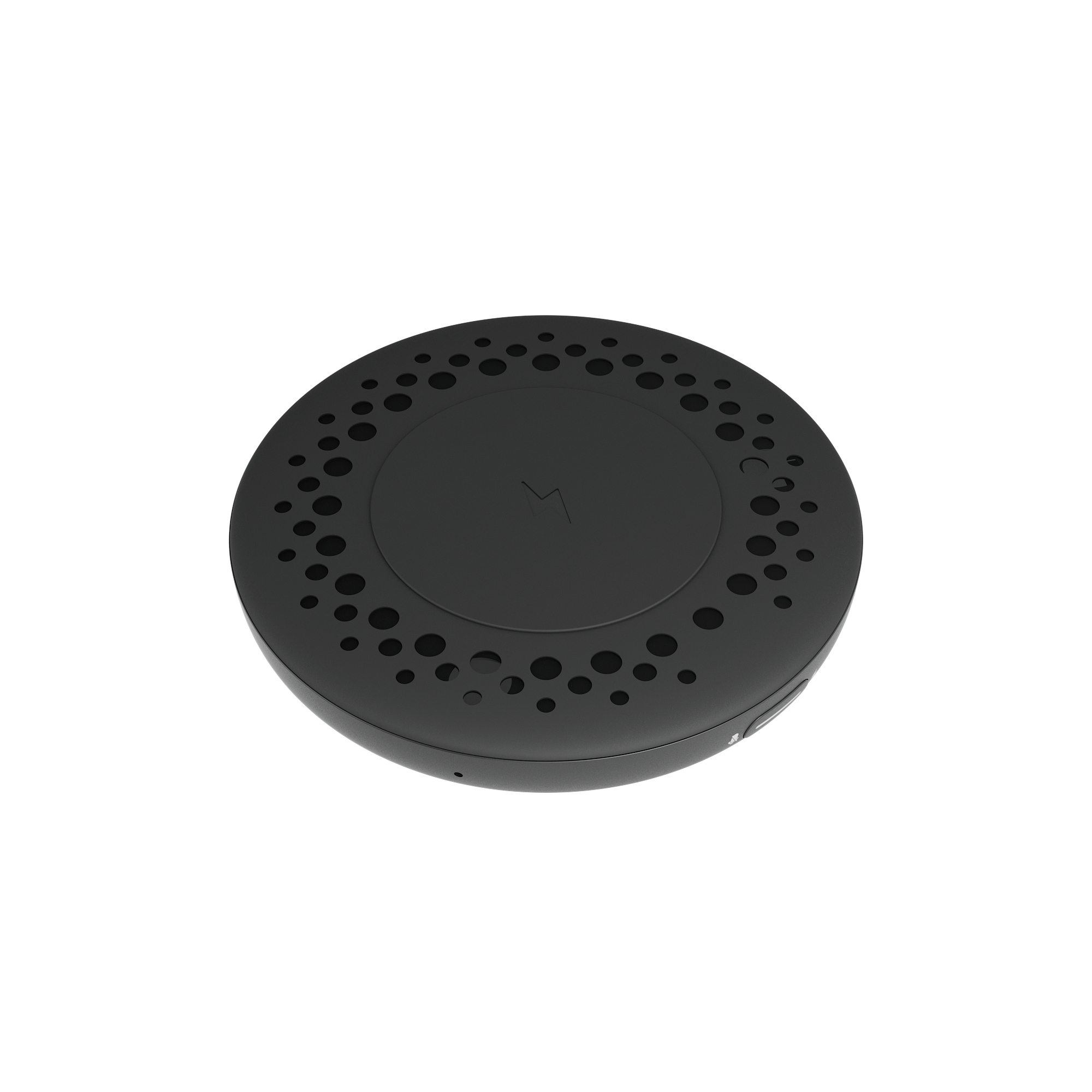 Dispositivo nero, rotondo, a forma di disco con piccoli fori sulla parte superiore.