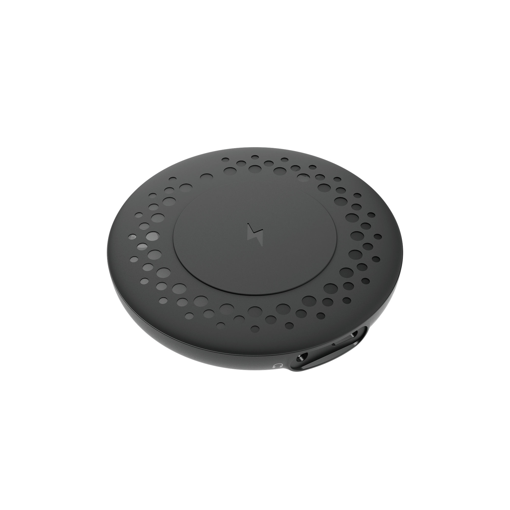 Caricabatterie wireless nero e rotondo con piccoli fori sulla parte superiore e un simbolo di ricarica.