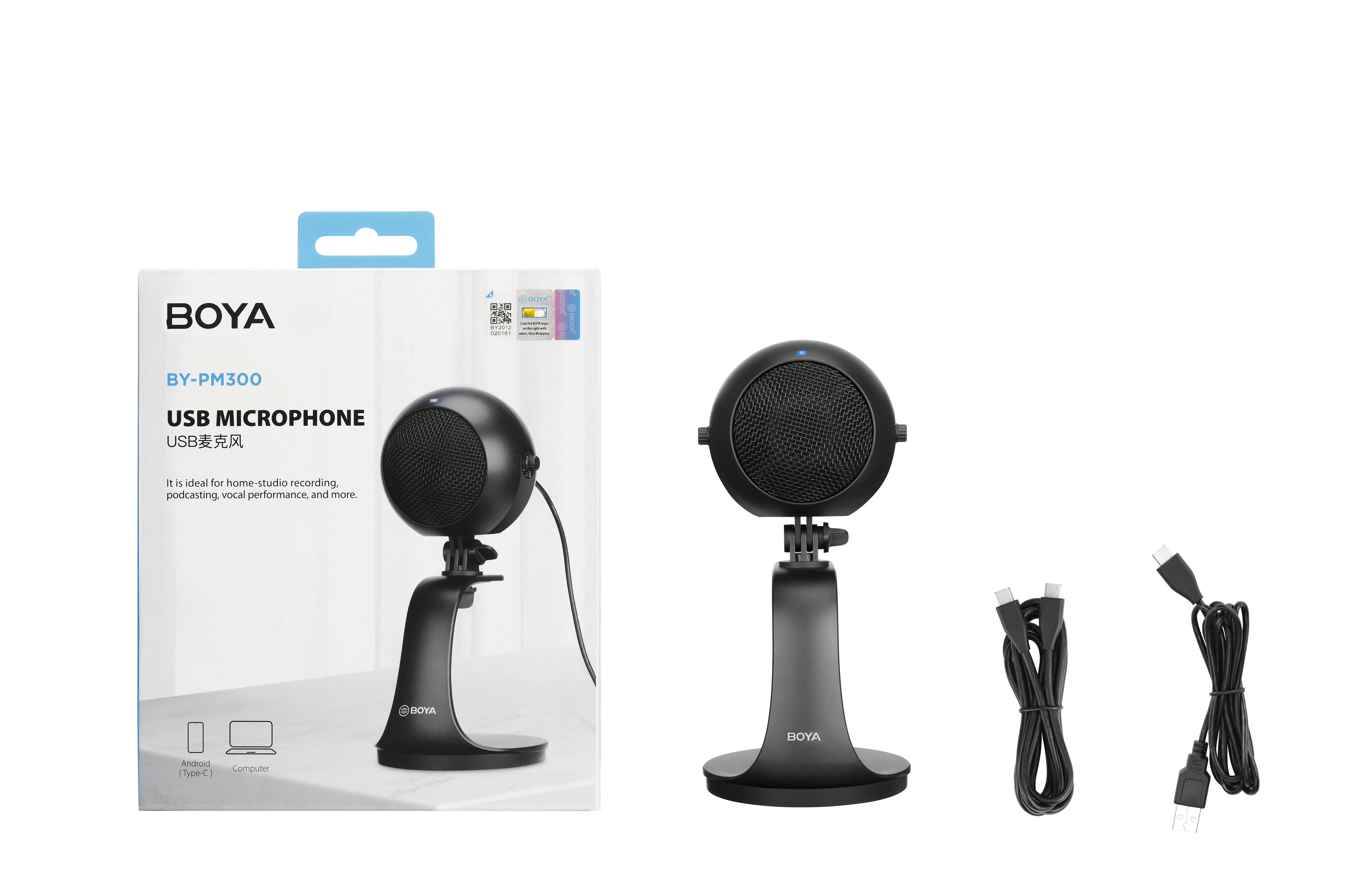 Kit de micrófono USB con caja, micrófono con soporte y cables de conexión.
