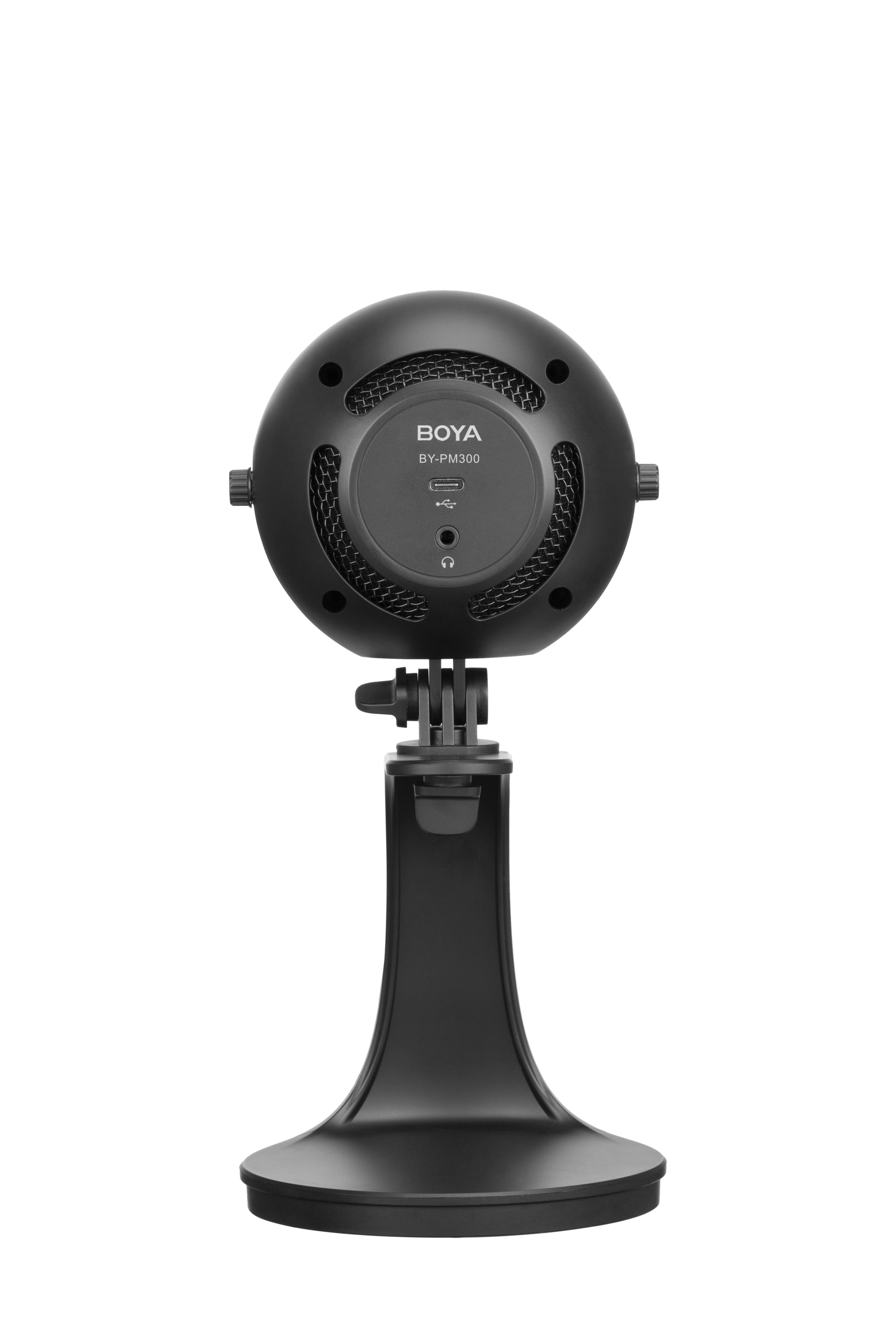 Micrófono negro en un soporte, vista trasera, con marca BOYA.