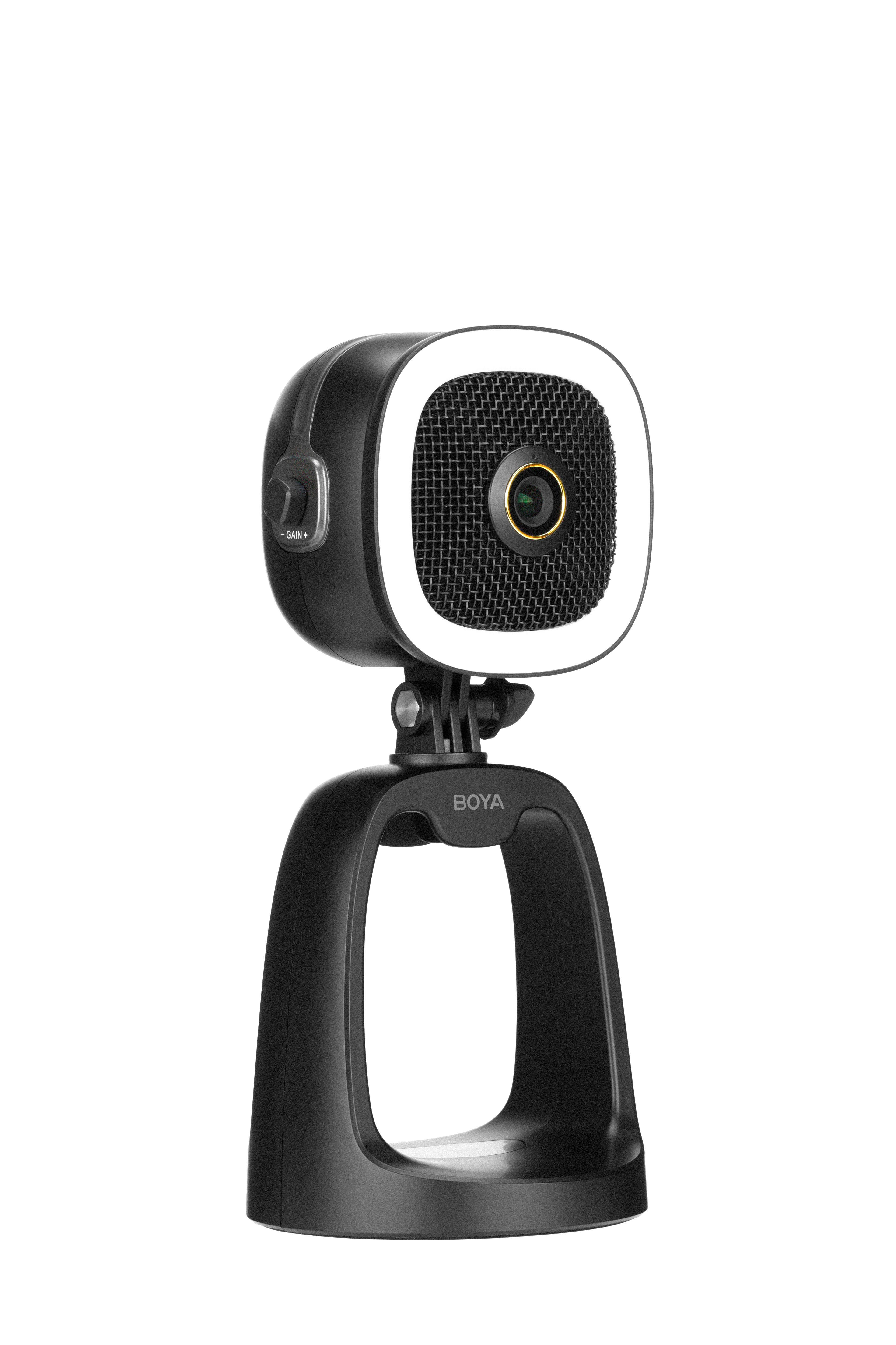 Webcam negra con luz redonda. Marca BOYA en la parte inferior.