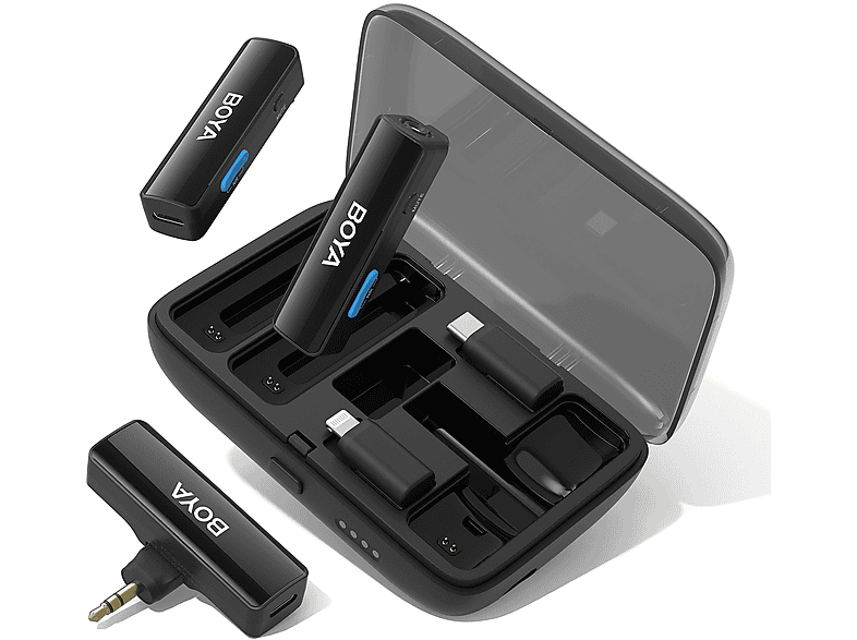 Micrófono para móvil  - BOYALINK Doble Canal Omnidireccional Estuche de Carga Recargable USB-C/Lightning/3,5mm BOYA