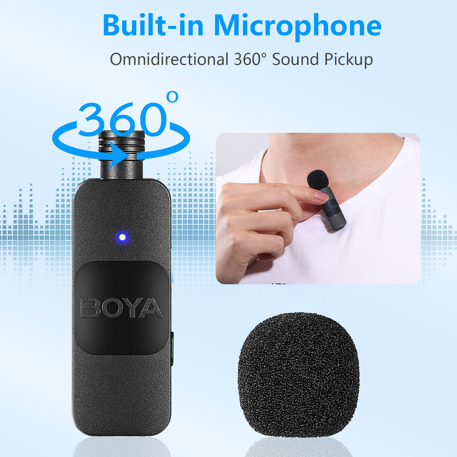 Un kit de micrófono BOYA negro con una función de captación de sonido de 360 grados.
