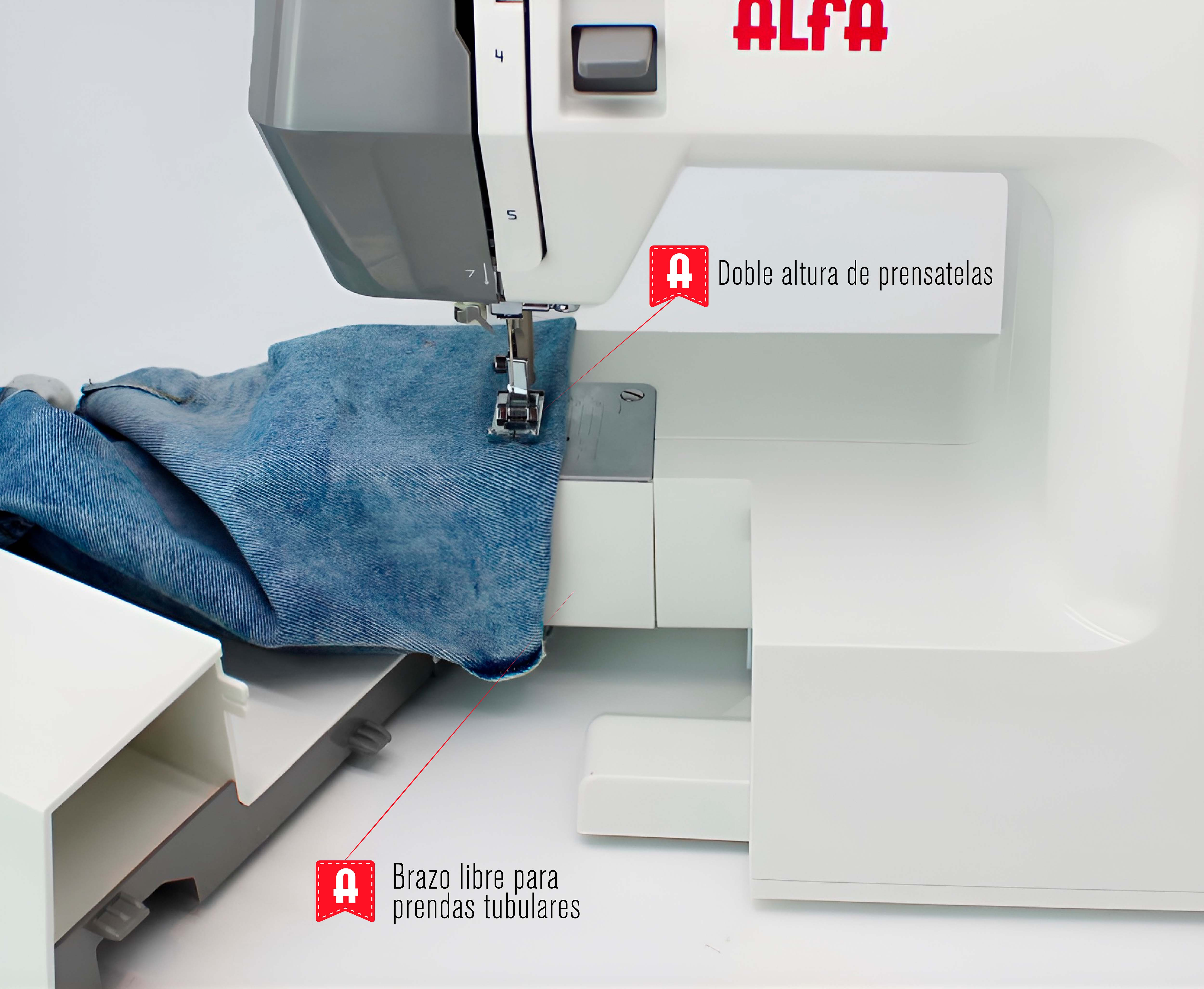 Biała maszyna do szycia z niebieskim dżinsem w trakcie szycia. Marka to Alfa.