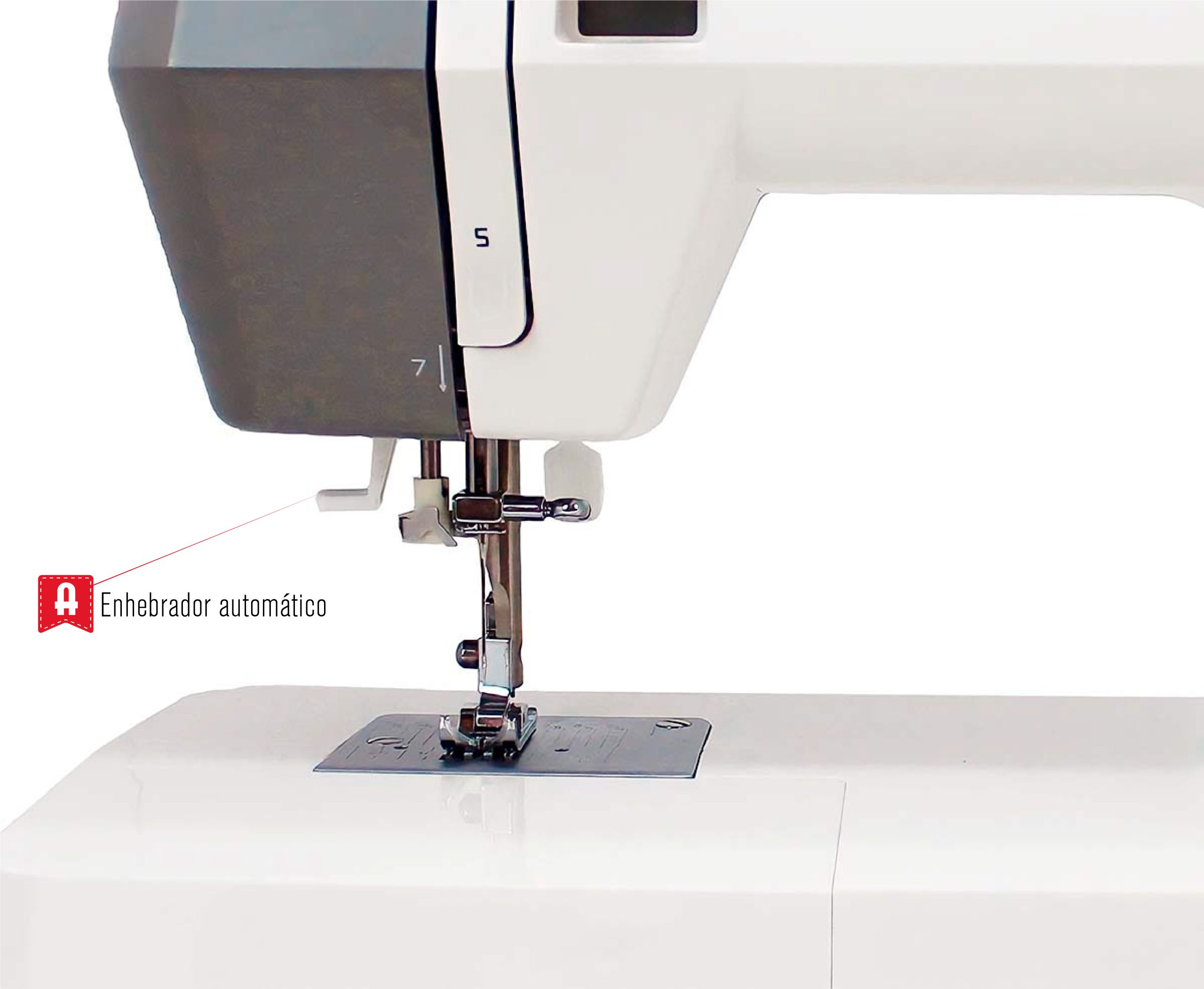 Zbliżenie białej maszyny do szycia z automatycznym nawlekaczem igły, białe tło.