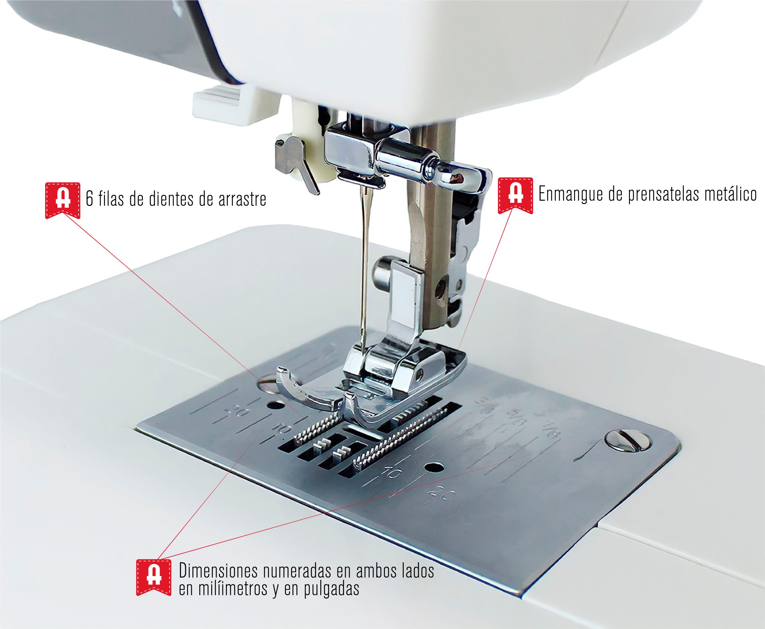 Igła i płytka maszyny do szycia. Tekst wskazuje wymiary w milimetrach i calach.