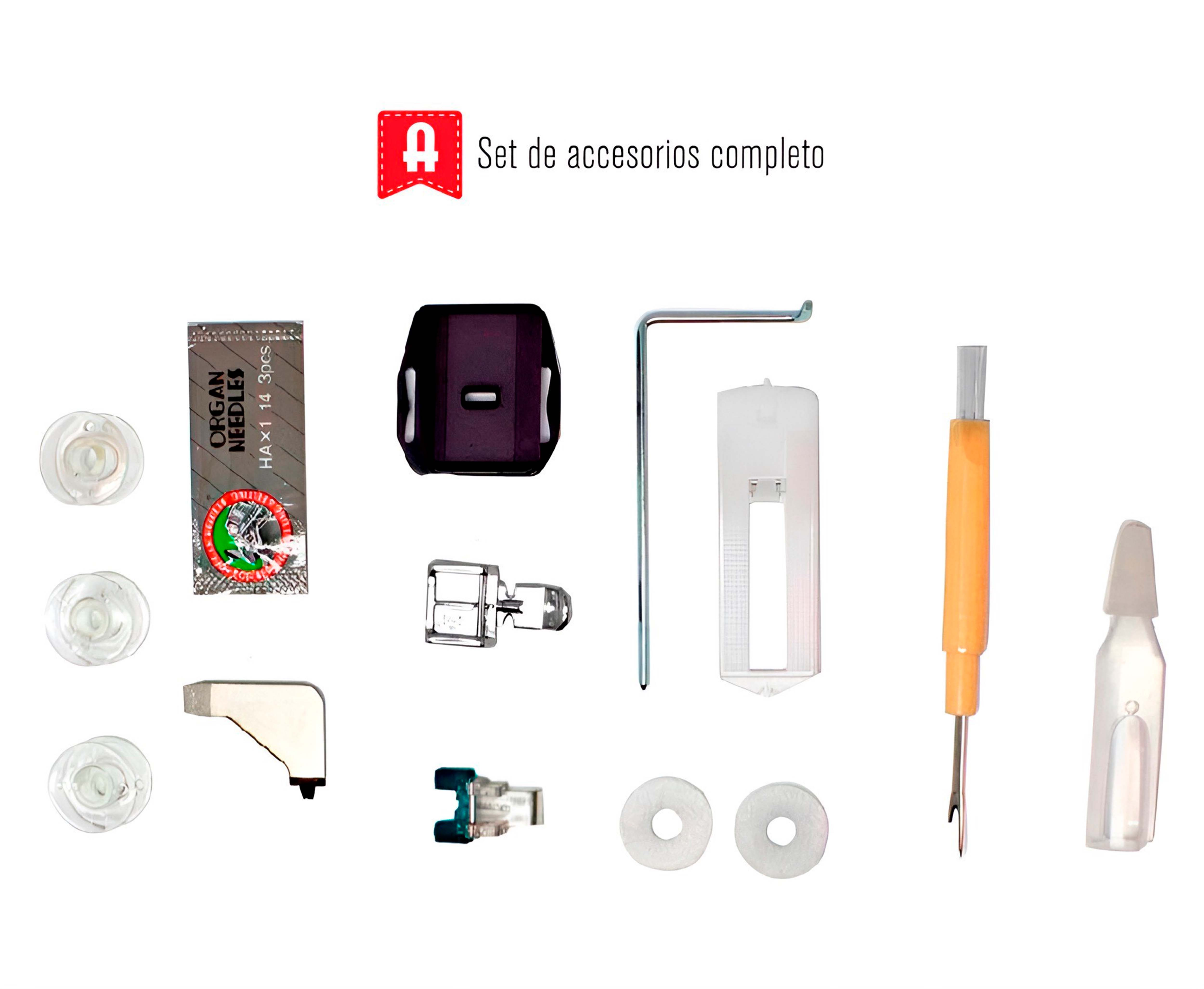 Zestaw akcesoriów do maszyny do szycia. Zawiera szpulki, igły, śrubokręt i inne narzędzia.