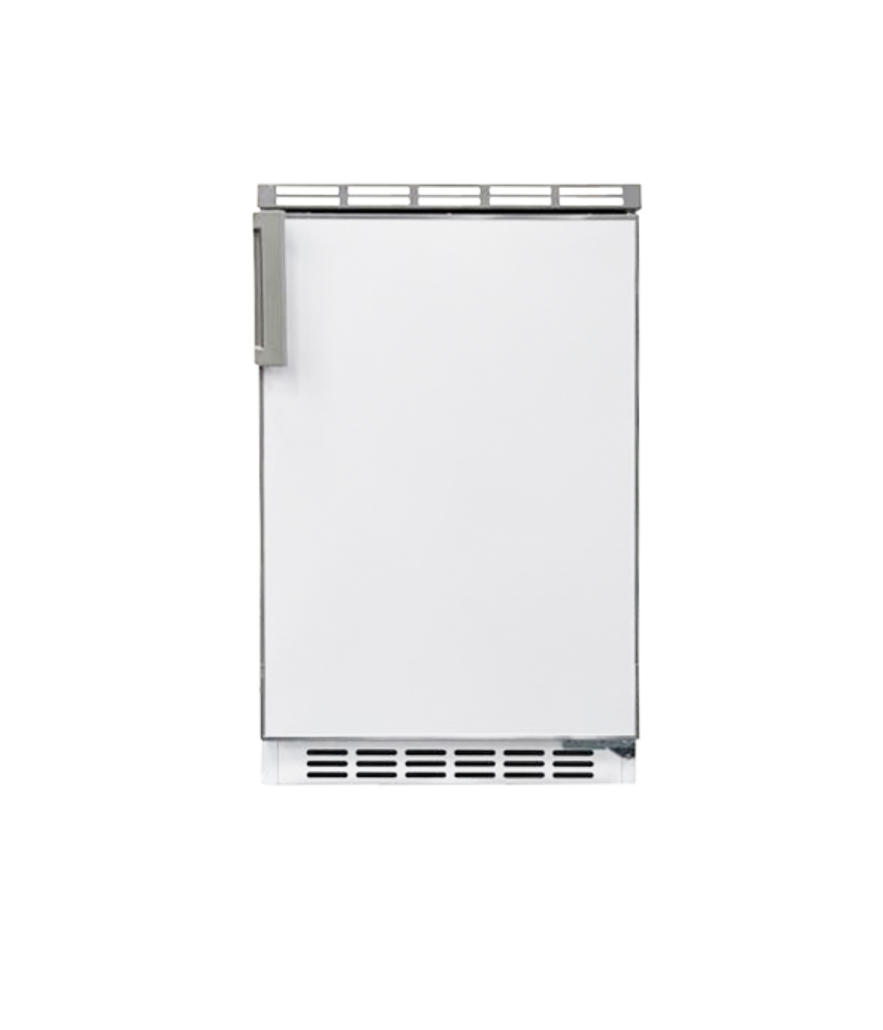 Weißer Einbaukühlschrank, Vorderansicht, mit Griff auf der linken Seite.