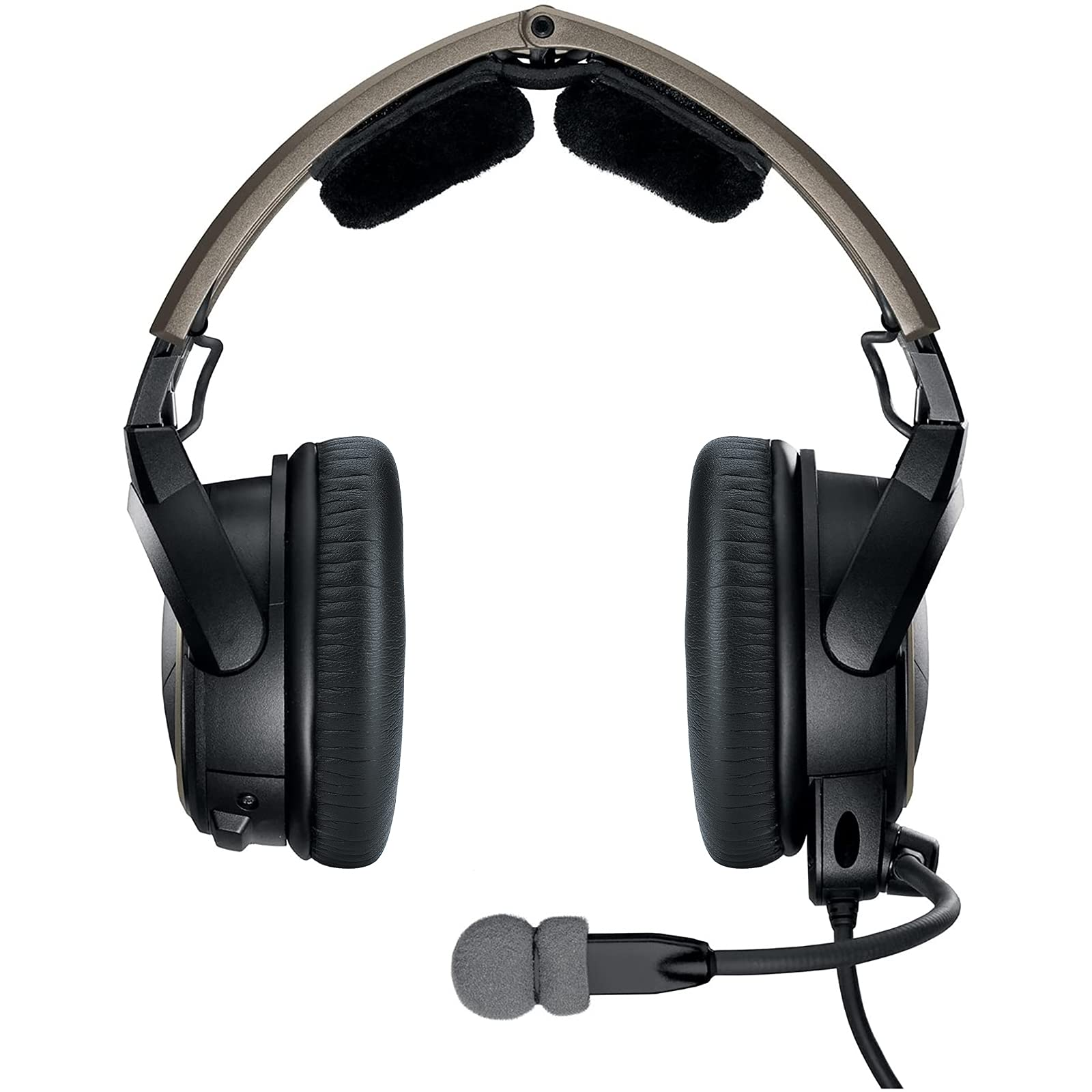 Draufsicht auf ein schwarzes Headset mit Mikrofon. Das Headset hat große Ohrmuscheln.