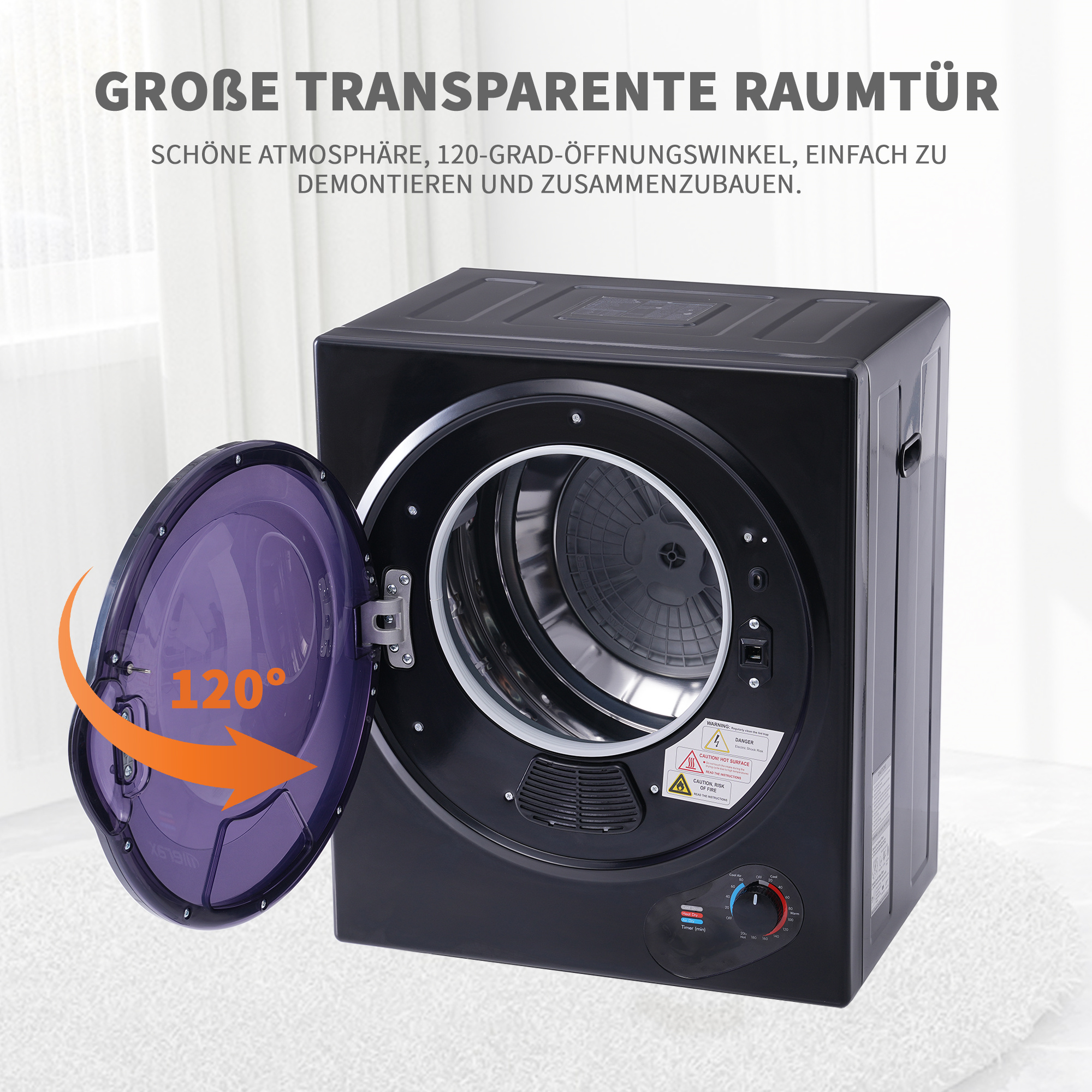 Ein schwarzer Trockner mit offener lila Tür, der das Innere zeigt.