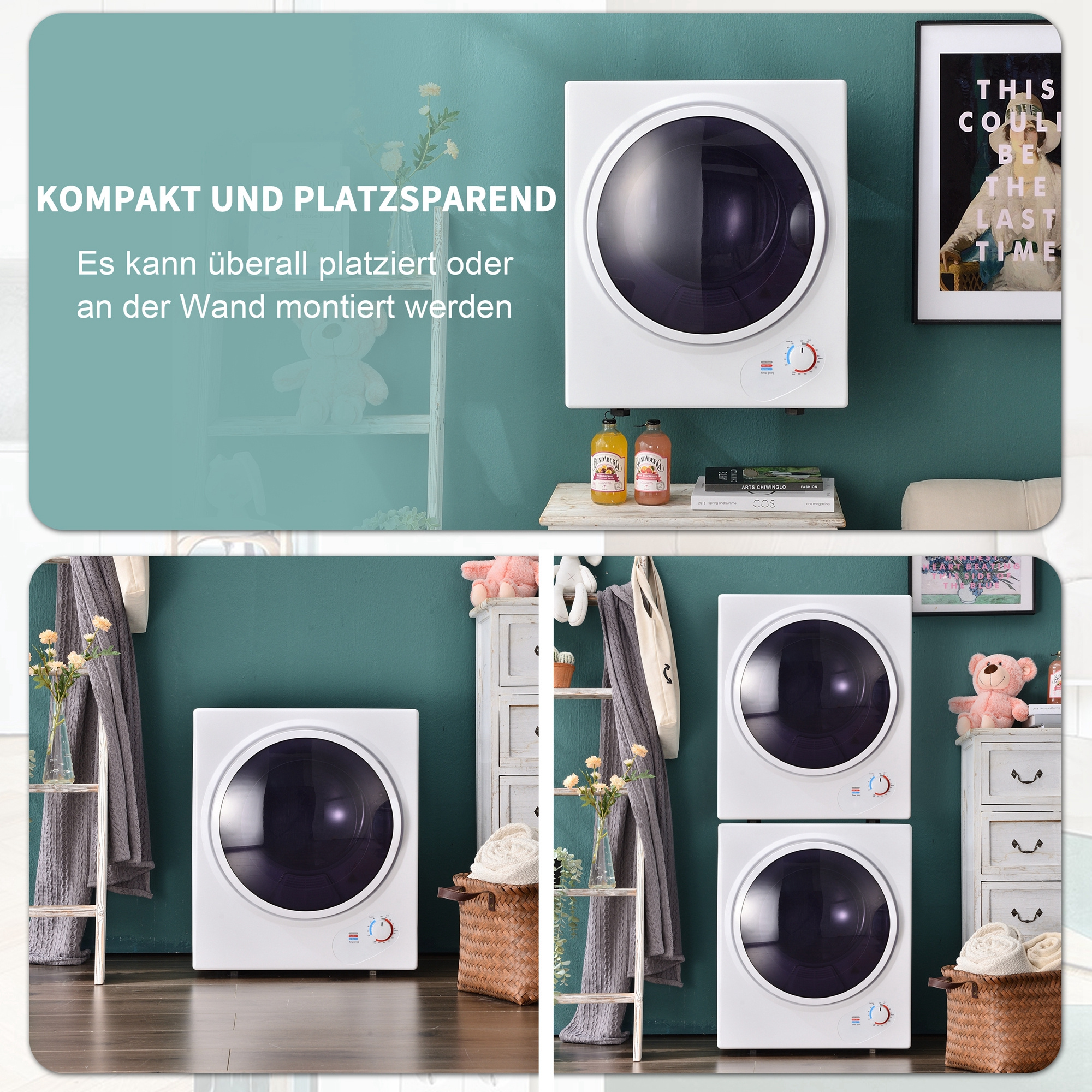 Mehrere Bilder eines weißen, an der Wand montierten Trockners, in verschiedenen Umgebungen gezeigt.