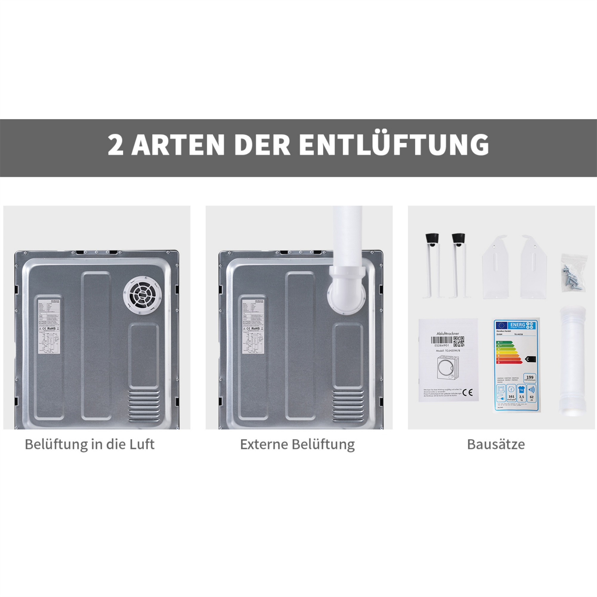 Bilder von Komponenten eines Wäschetrockners, einschließlich Lüftungen und Teilen, mit Text.