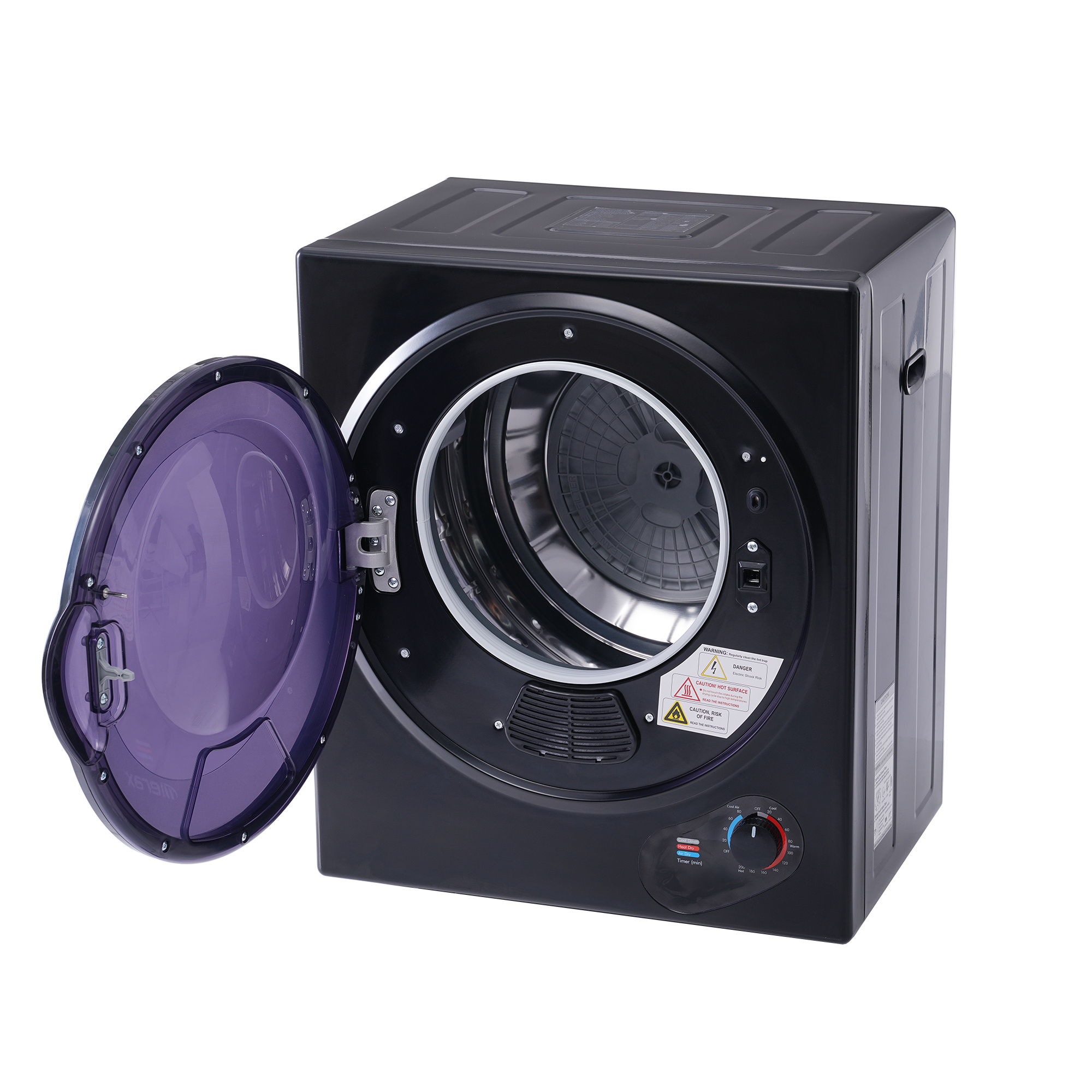 Ein schwarzer Trockner mit offener Tür, zeigt das Innere und das Bedienfeld.